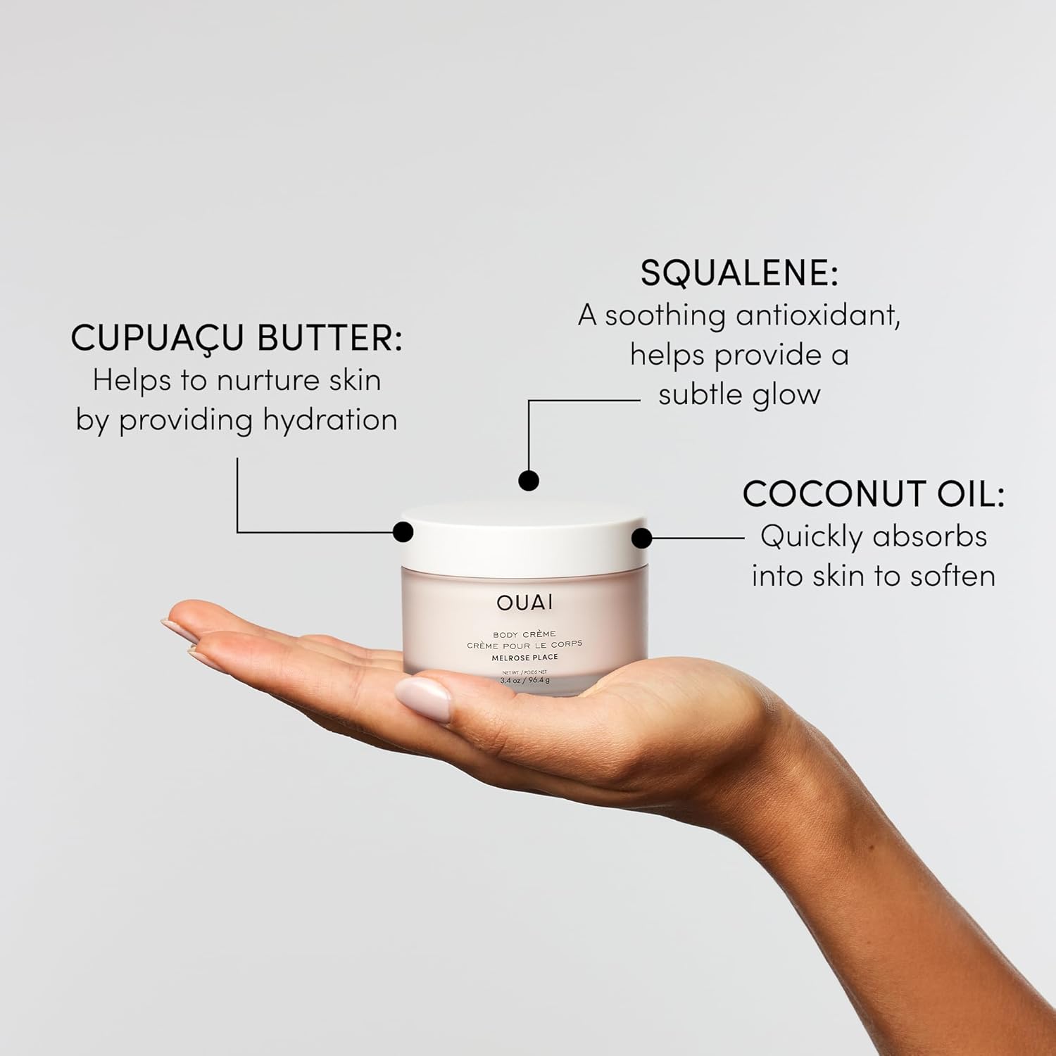 OUAI Body Cream Travel Size, Melrose Place - Hydrating Whipped Body Cream with Cupuaçu Butter, Coconut Oil & Squalane - Softens Skin and Delivers Healthy-Looking Glow - Sulfate Free Skin Care (3.4 Oz) - Image 3