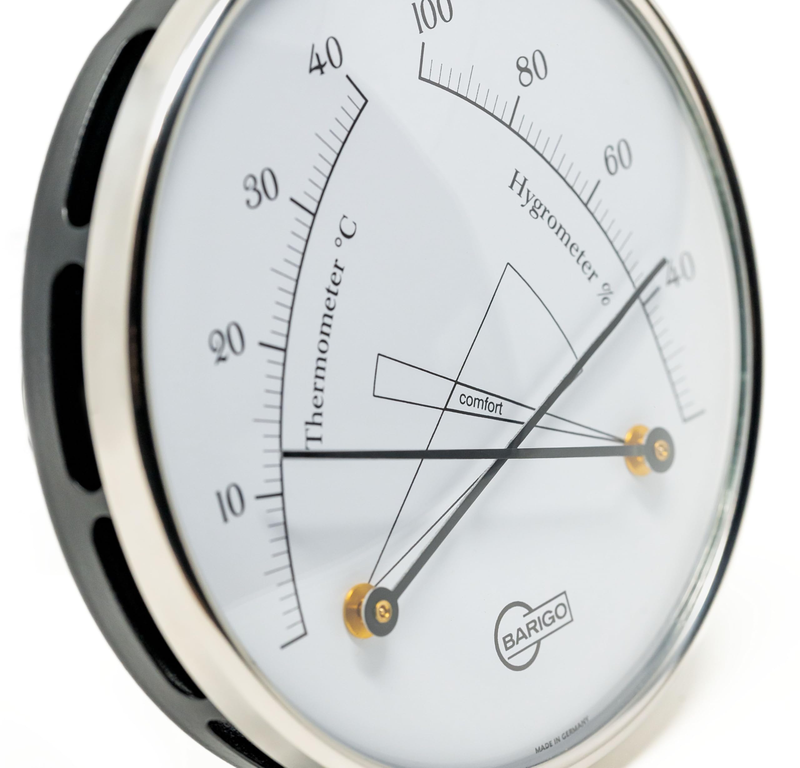 BARIGO 8862 Raum-Klimamesser, Glas, pulverbeschichteter Edelstahl schwarz | Messbereich 20-100 % r. F. und 0-40 °C, Thermohygrometer, Luftfeuchtigkeitsmesser, 100 mm Durchmesser, Made in Germany