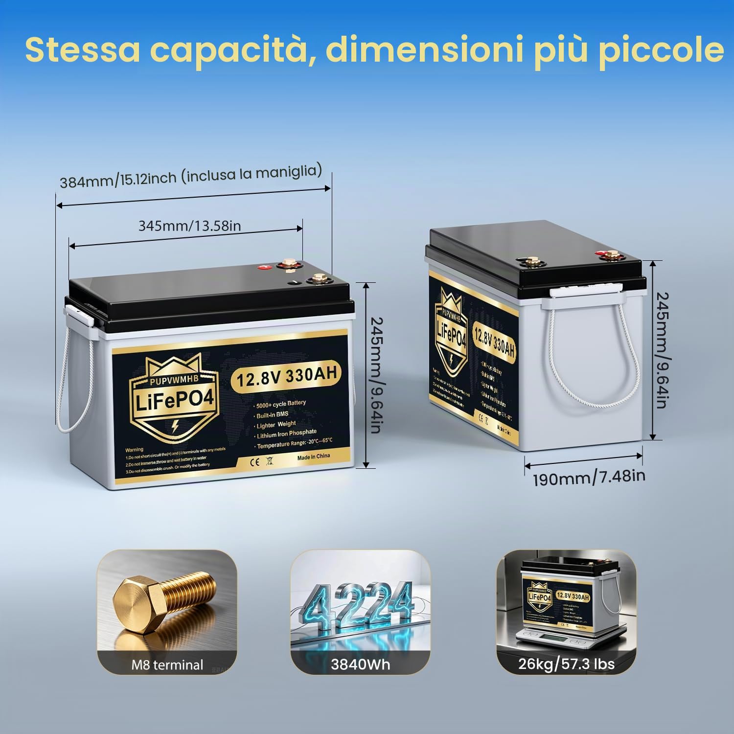 Batteria al litio Mini LiFePO4, 12 V, 330 Ah, batteria al litio, 200 A, BMS, fino a 15.000 cicli, max. 4224 Wh con taglio a bassa temperatura, perfetta per RV, solare, motore a