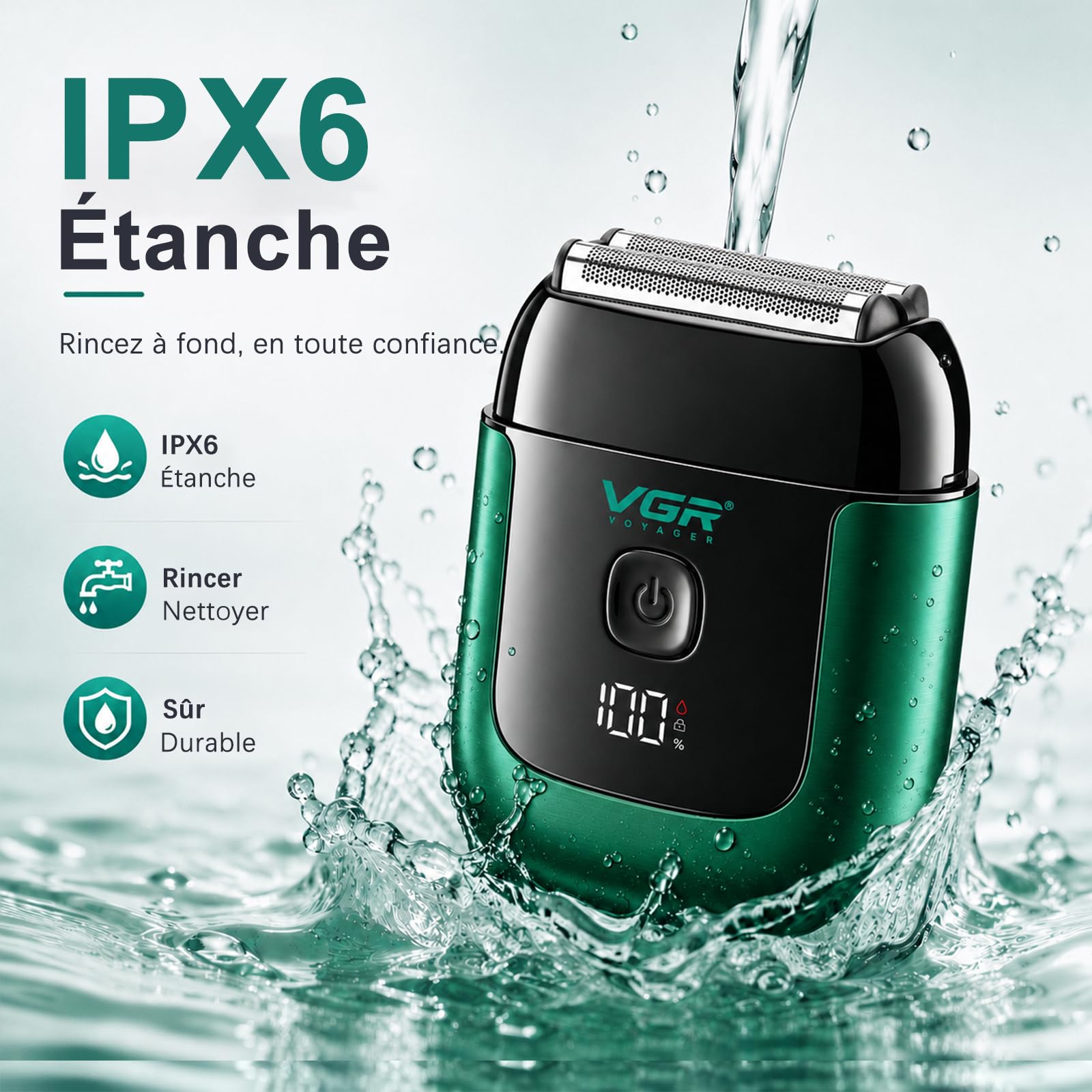 VGR 380 Mini Rasoir Electrique Avec Cadenas De Voyage, Étanche IPX6, Vert