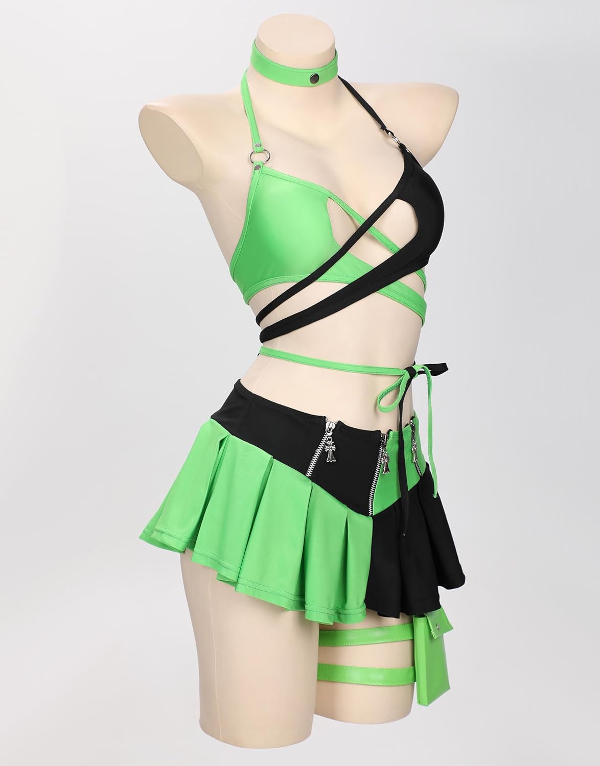 MEOWCOS Gothic Black Green Spliced Halter Bra and Bottom Bathing Suit with Long Sleeve Top Skirt and Choker
