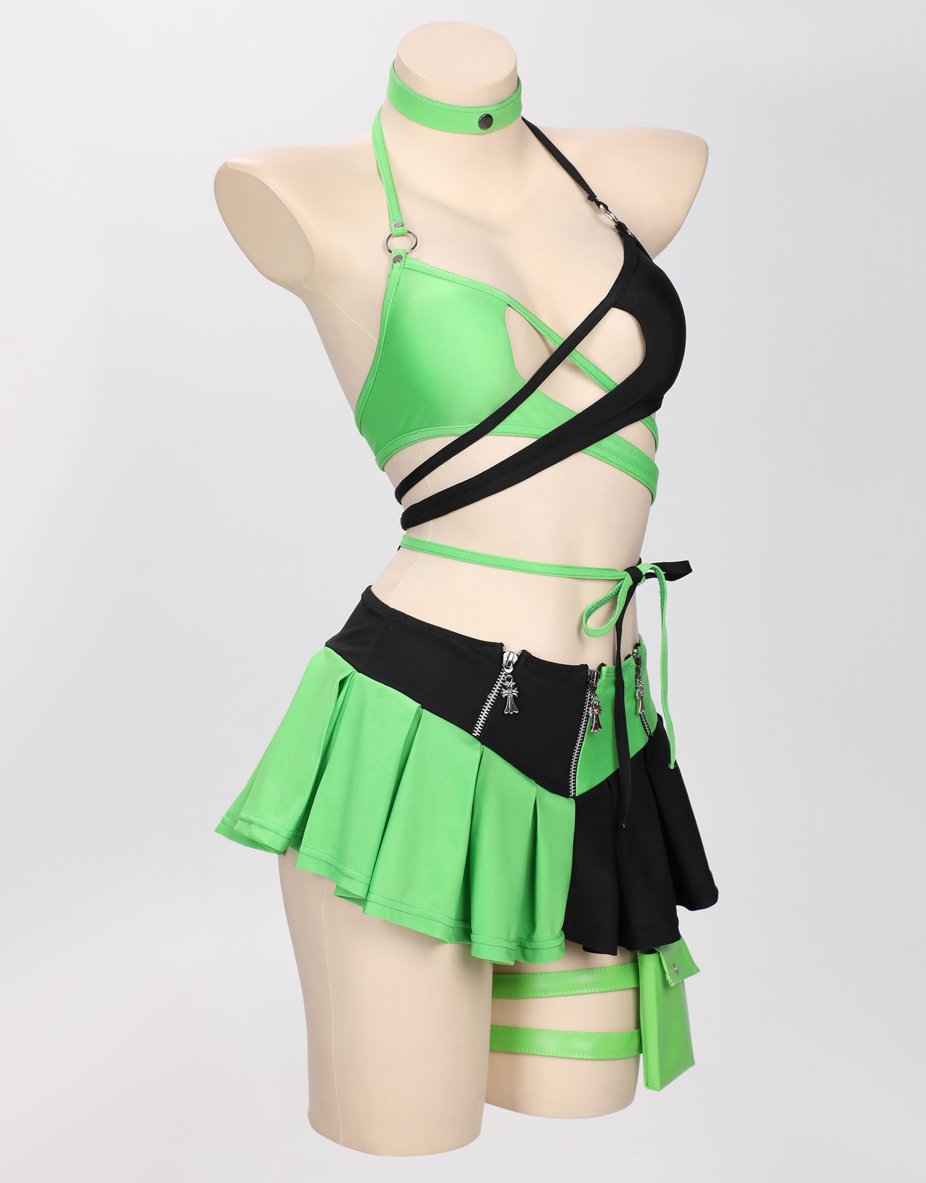 MEOWCOS Gothic Black Green Spliced Halter Bra and Bottom Bathing Suit with Long Sleeve Top Skirt and Choker