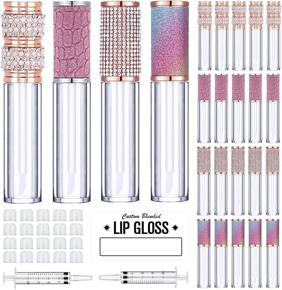 AMORIX 20 Pack Diamond Lip Gloss Tubes with Wand 5ml Empty Rhinestone Cute Lipgloss Bottles/Containers Crystal Lip Gloss Supplies Kit + 2pcs Syringes + Labels for DIY Lip Gloss Base