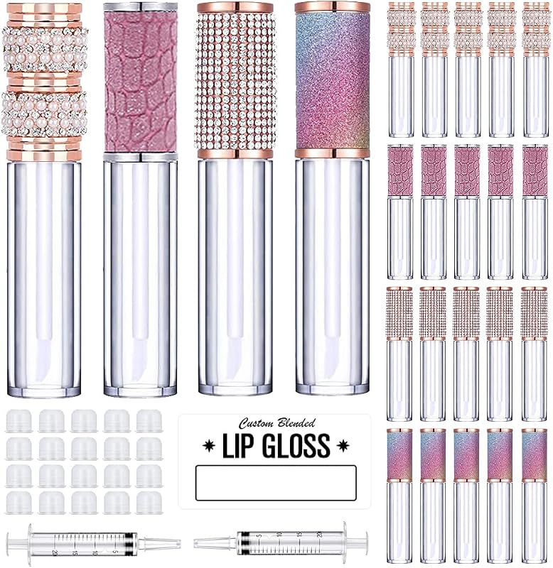 AMORIX 20 frascos vazios para gloss labial com aplicador, 5 mL, 4 estilos, seringas e etiquetas