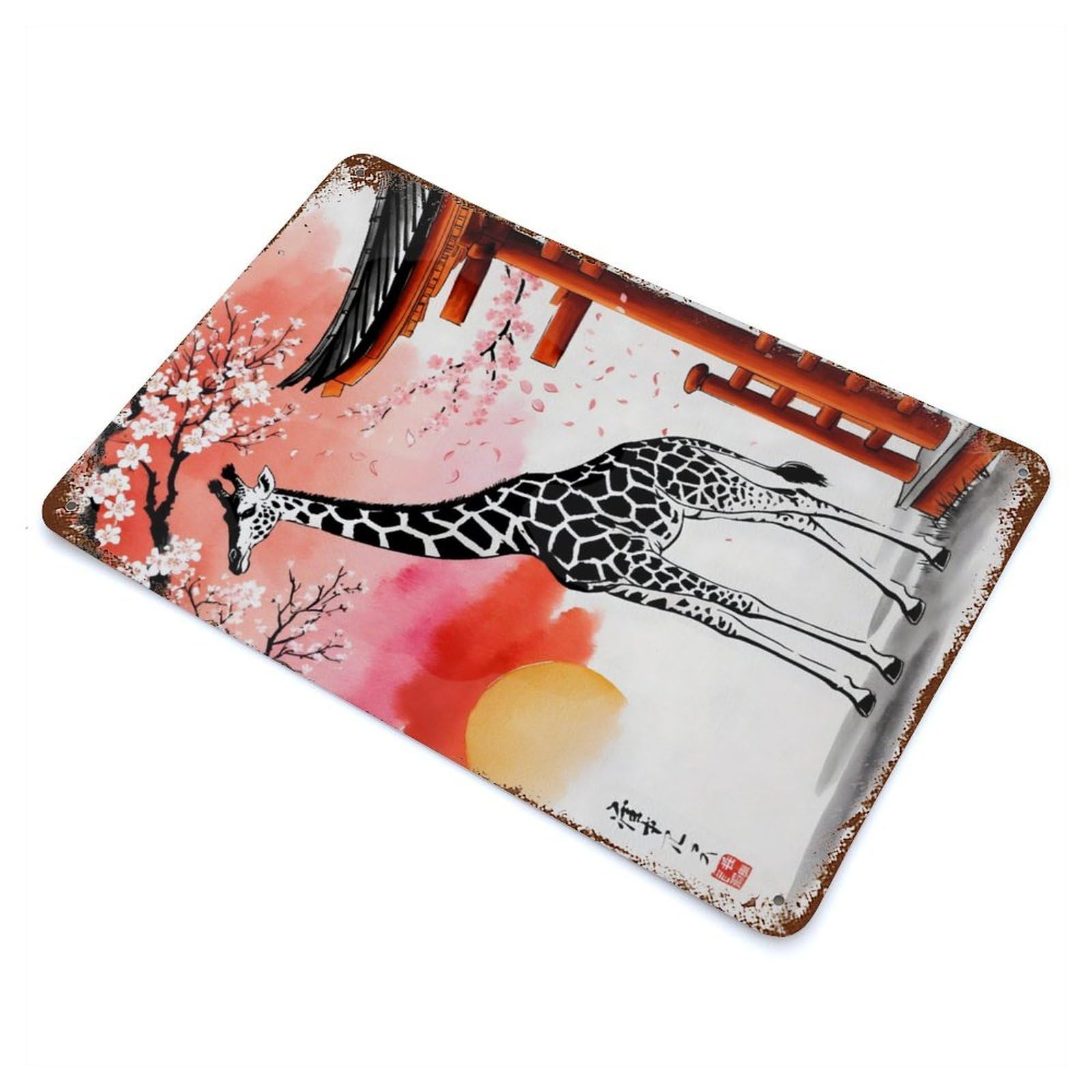 Distressed Metal Wall Sign Giraffe Japan Painting 11.8"x7.9", Retro Wall Decor for Basement, Hobby Room And Garage Decor