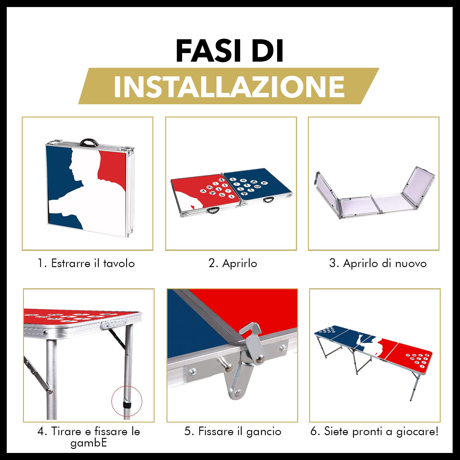Tavolo Da Beer Pong YUENFONG – Pieghevole In MDF 242x62 Cm, Altezza Regolabile, Con 100 Bicchieri E 5 Palline, Per Feste E Matrimoni