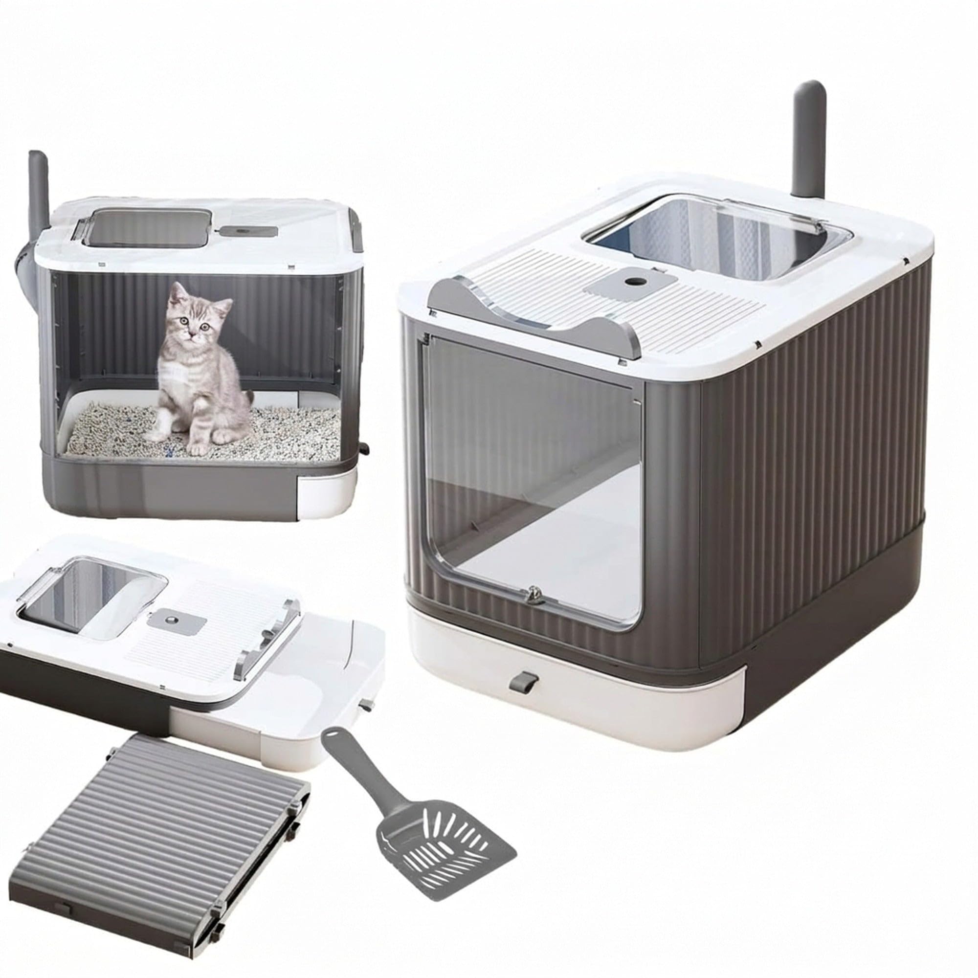 BREEZEE Arenero para Gato Cerrado Plegable Blanco, Inodoro Sanitario Antiolores Tipo Mueble con Doble Salida, Caja de Arena Grande 44.5x34.5x37.5 cm, Incluye Pala y Bandeja Extraíble