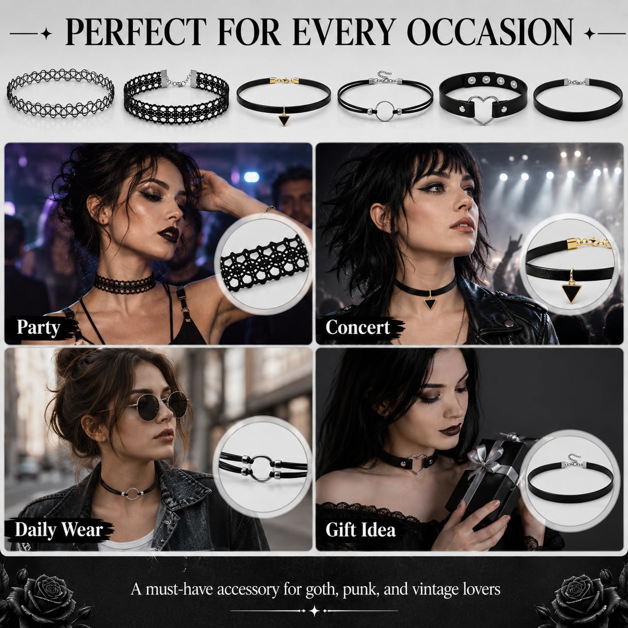 6 Styles Gothic Lace Choker Necklaces Set for Women, Black Lace Tattoo Chokers Necklace Punk Goth Jewelry, Adjustable 90s Vintage Emo Velvet Grunge Chokers Accessories Collection