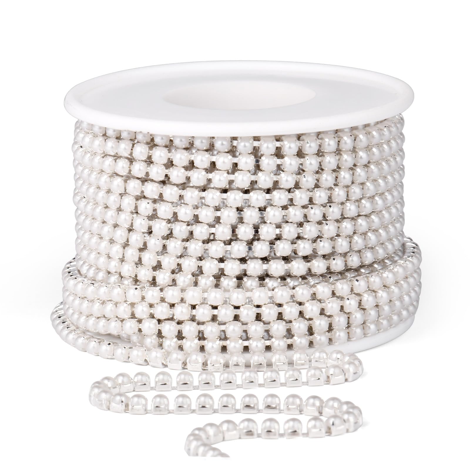 Pearl Trim Close Chain, [10 Yards/ 3.0MM] Silver Pearl Beaded Cup Chain Applique Trim for Sewing Crafts DIY Jewelry Making Clothing Wedding Party