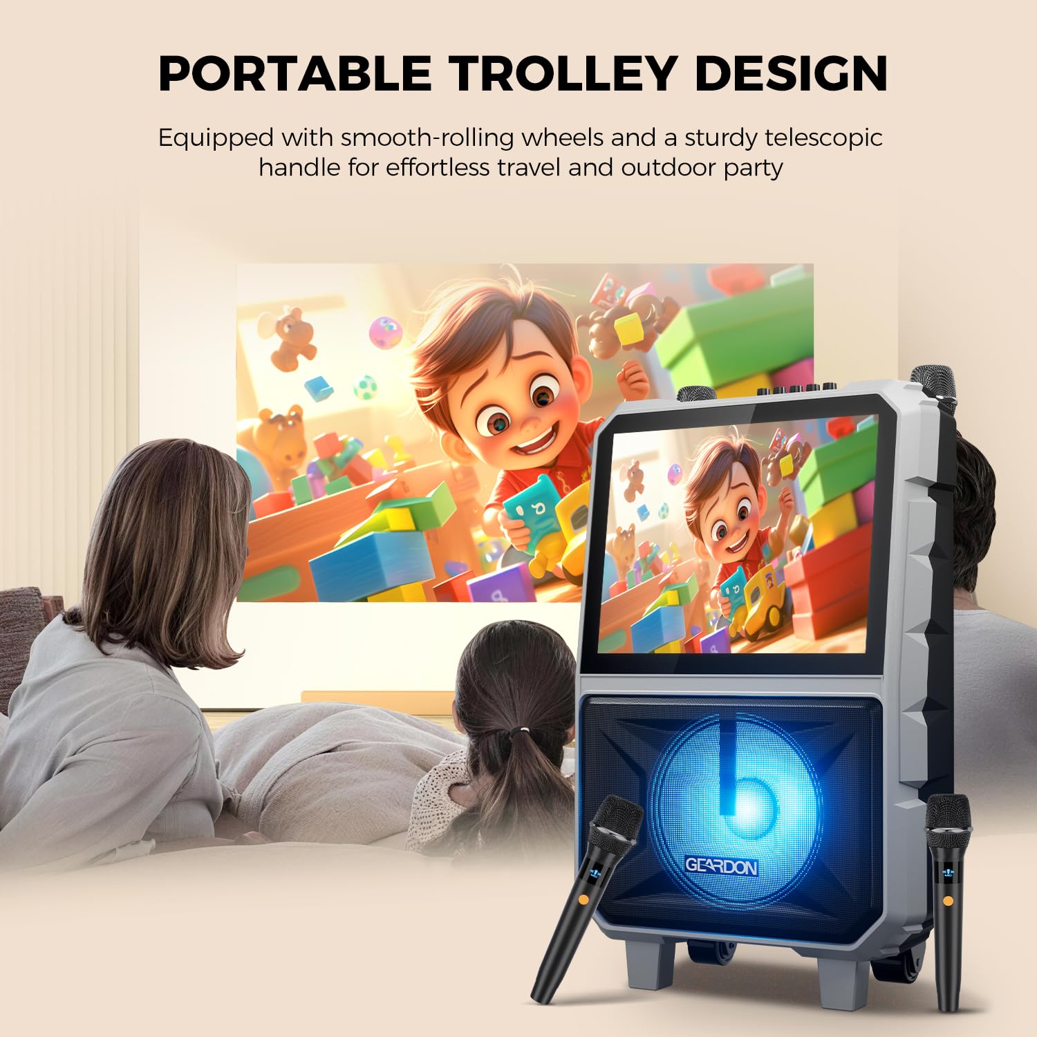 Máquina de karaoke con pantalla táctil Full HD de 15.6 pulgadas para adultos, pantalla de letras, sistema de karaoke inteligente, reproducción de video WiFi YouTube, 2 micrófonos inalámbricos