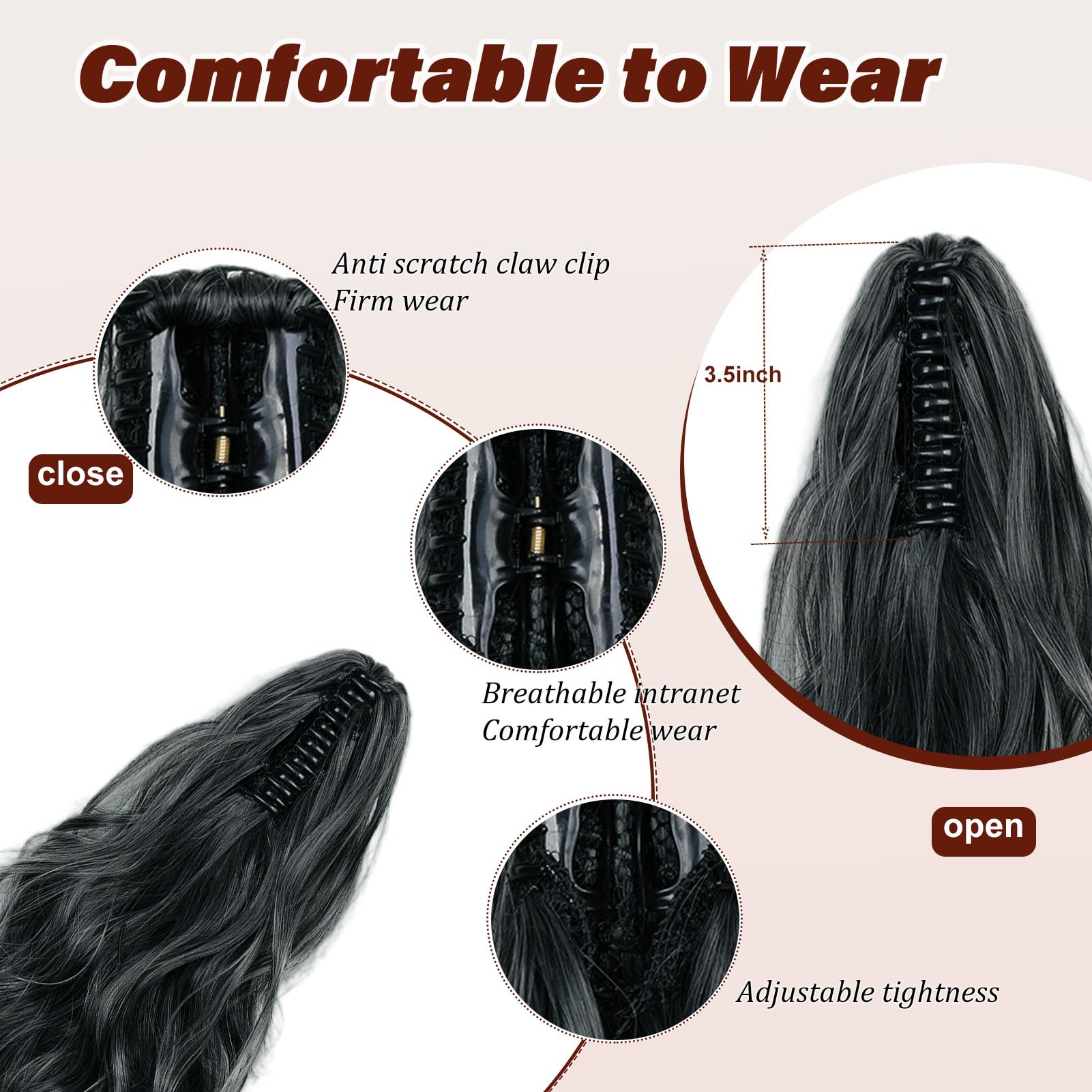 Dcbaboo Ponytail Extension Curly 18inch Claw Clip in Ponytail Hair Extensions Long Wavy Synthetic Pony tails Natural Wave One Piece Hairpiece Fake Ponytail for Women Black Ombre Grey - Image 2