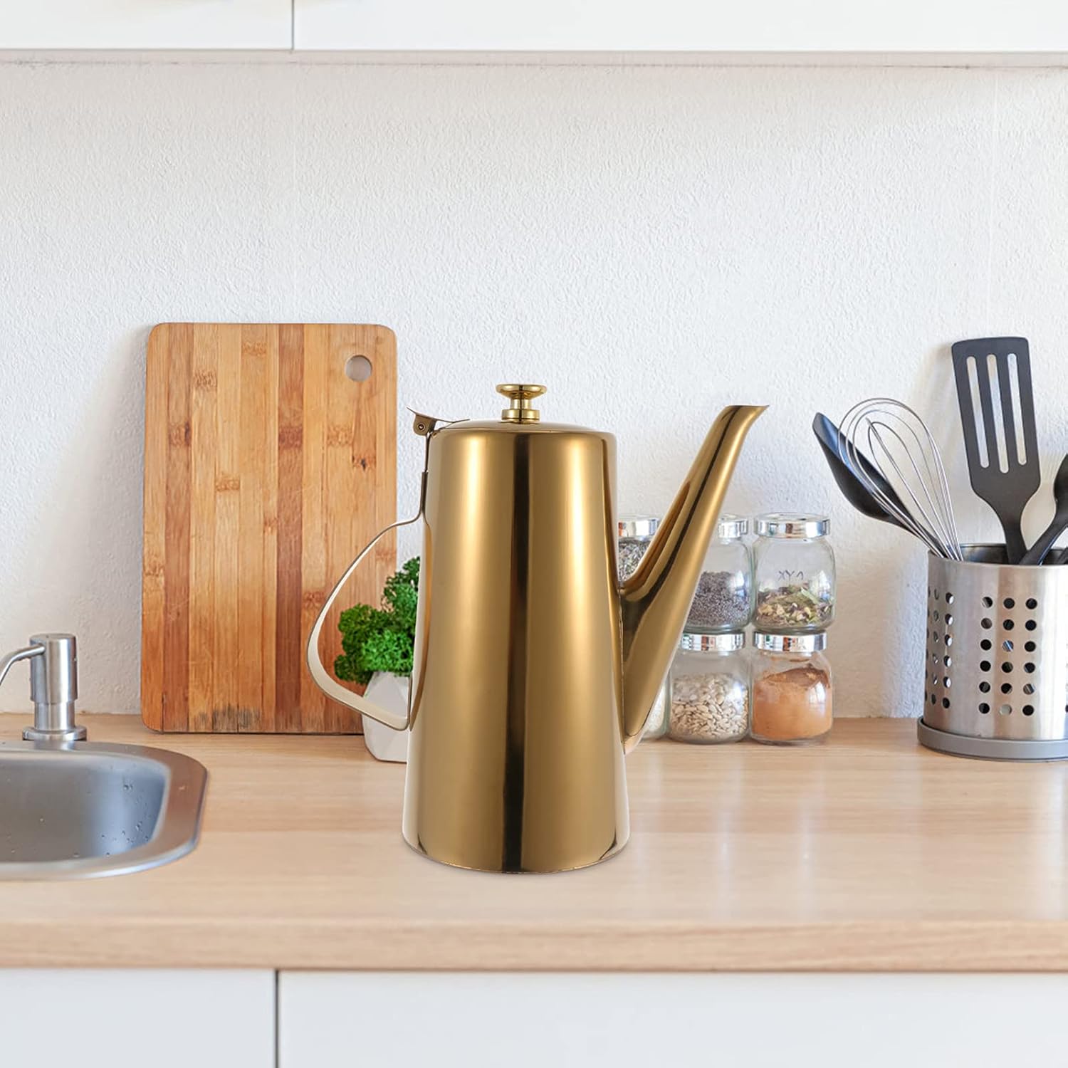 Cabilock Stainless Steel Gold Oil Dispenser Bottle 9.25 Inch Cold Water Kettle with Kitchen Strainer for Olive Oil Vinegar and Condiments
