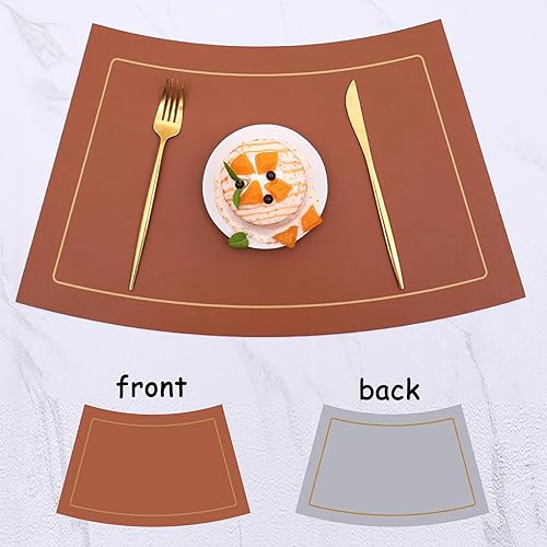 Miniatura 2 de Juego de 6 manteles individuales para mesa redonda, lavables, resistentes al calor, PVC, de doble cara, color marrón, 4 unidades