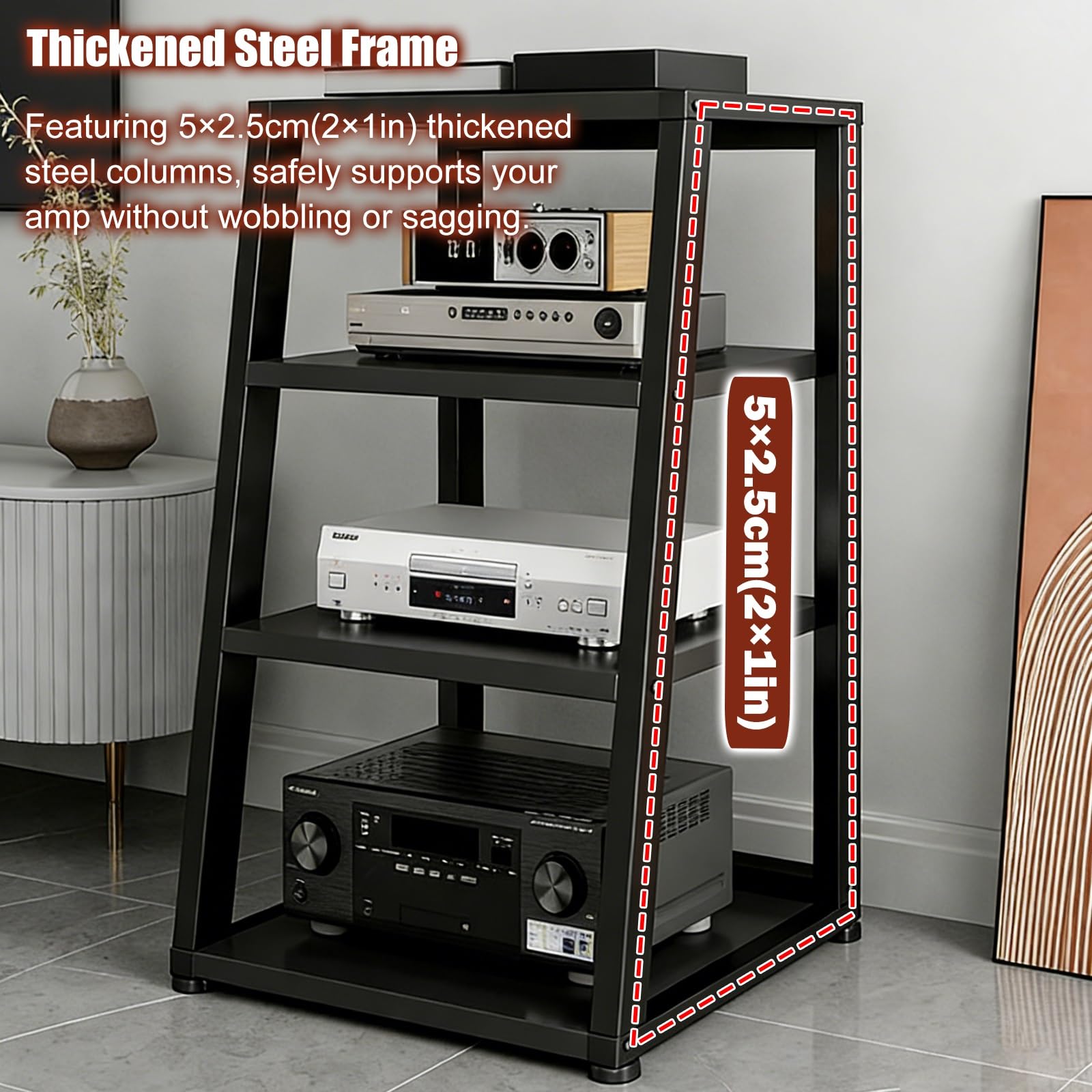Système de rack stéréo robuste à 5 niveaux sur roulettes réglable pour matériel audio pour home cinéma et salon