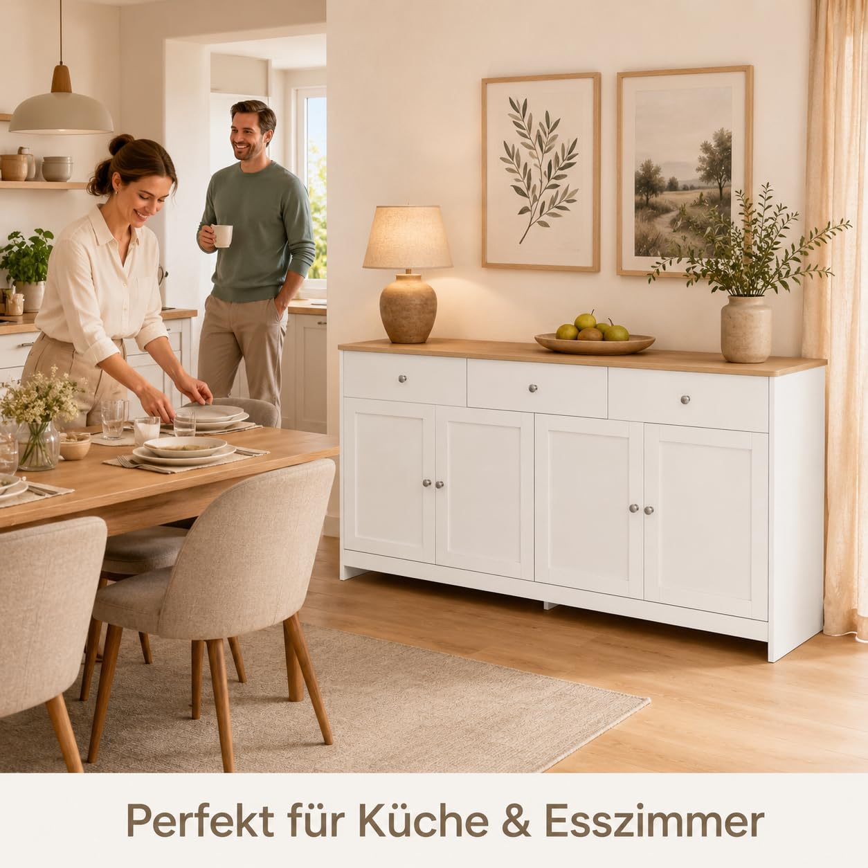 Sideboard Wohnzimmer, Sideboard Weiss Holzmaserung, Küchenschrank Buffetschrank Mit 3 Stauraum Schublade Und 4 Türen, Kommoden Sideboards Für Wohnzimmer Esszimmer Flur