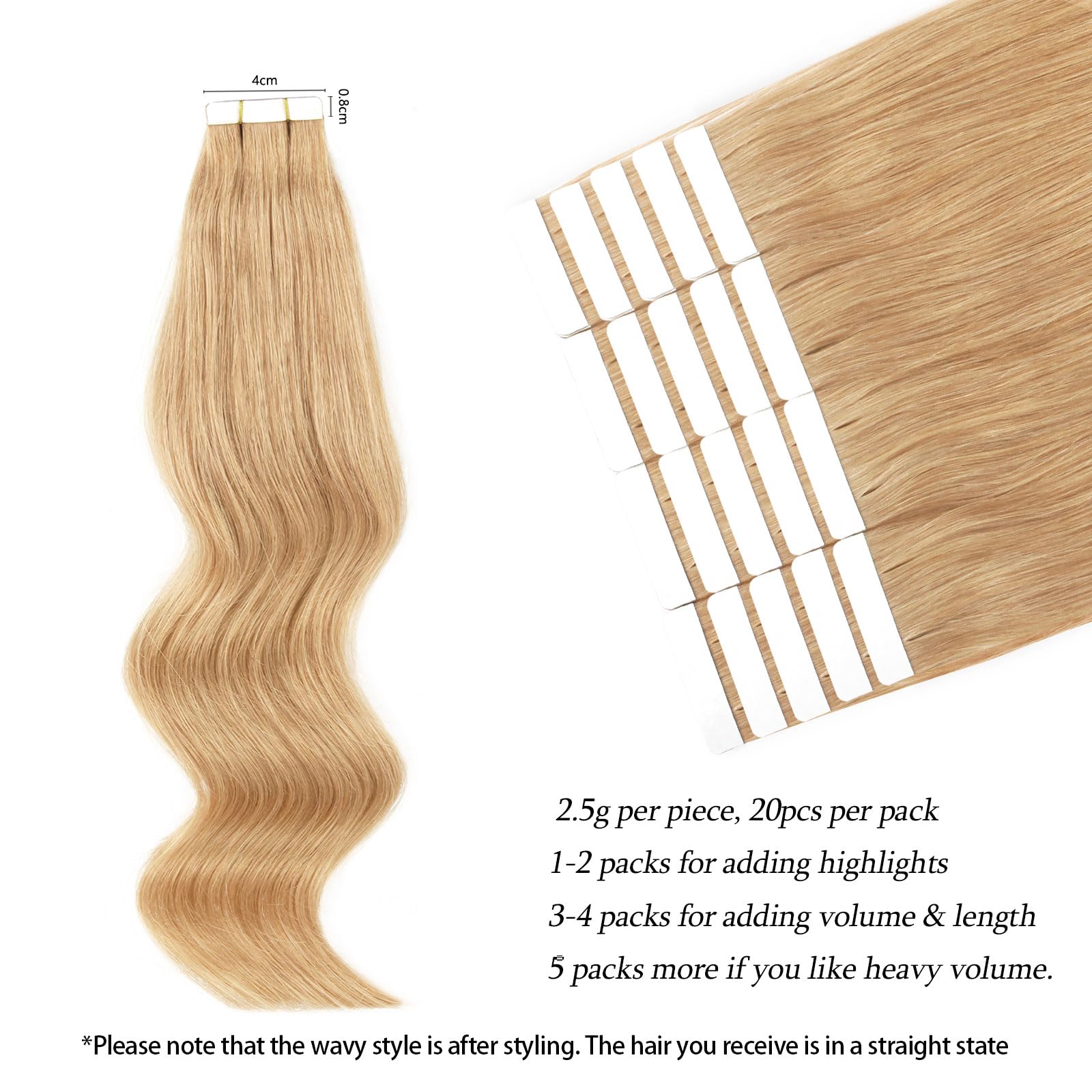 ABH AmazingBeauty Hair Semi-permanent Real Remi Remy Human Tape in Hair Extensions 50g 20pcs Skin Weft Tape Attached Invisible Seamless Reusable Dark Dirty Blonde Color 12 - Image 2
