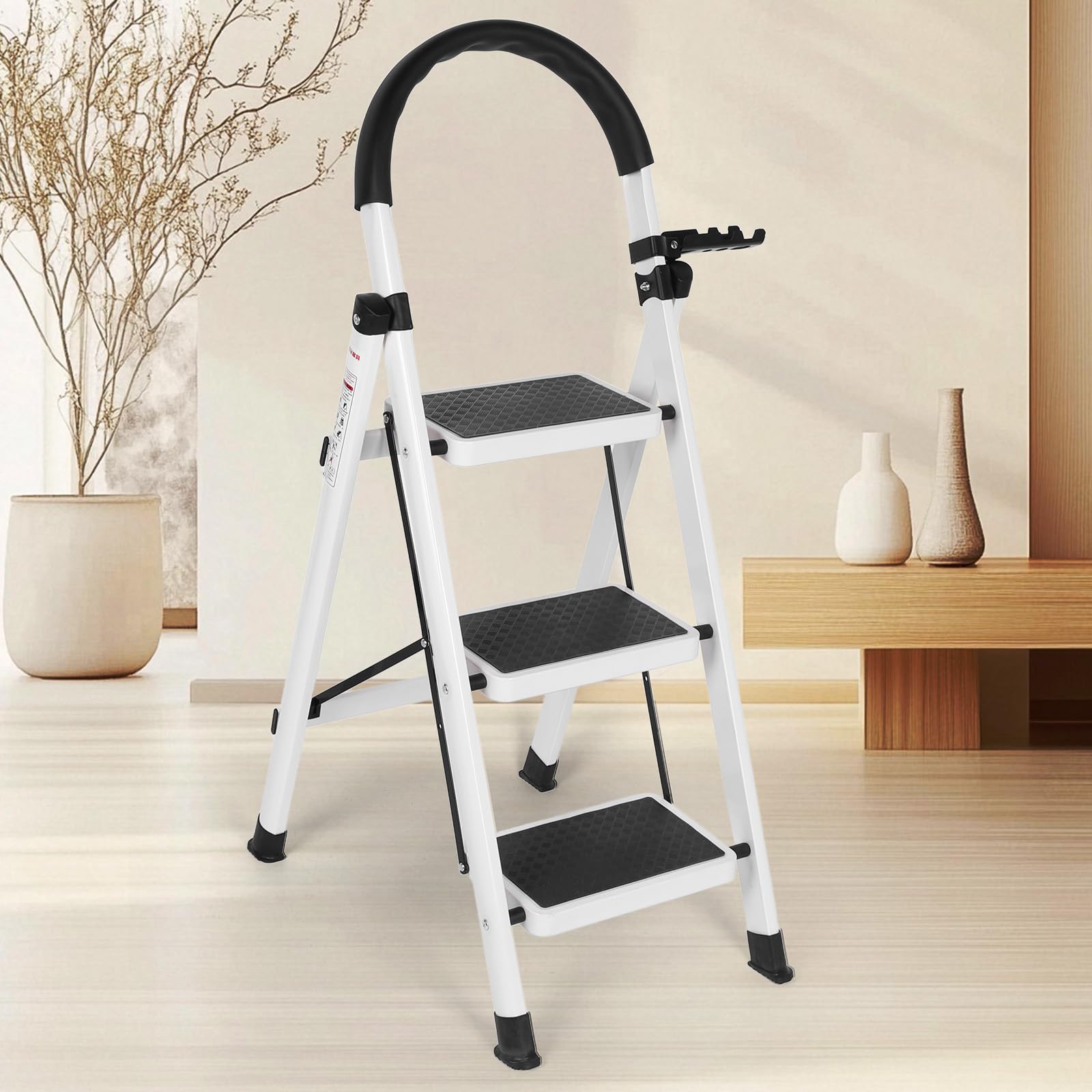 3 Step Ladder, Heavy Duty Collapsible Ladder with Anti-Slip Wide Pedals, Lightweight Folding Step Stool, Safety Lock Design, Durable Steel, Supports Up to 330 Lbs, Ideal for Indoor & Outdoor Use