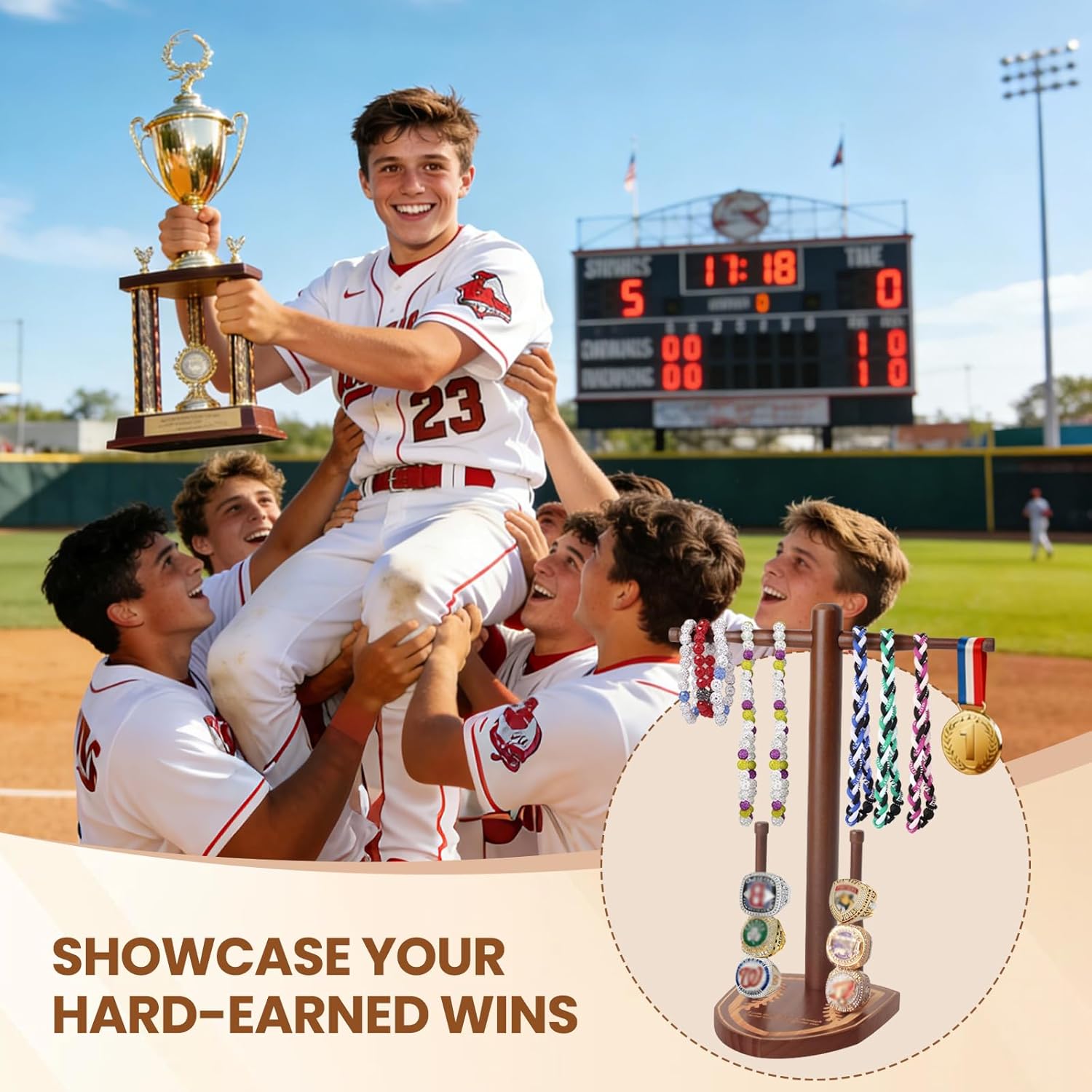 Wooden Baseball or Softball Drip Necklace Organizer Holder - Baseball Championship Ring Display Holder, Drip Necklace & Championship Ring Holder, Baseball Gifts - Image 4