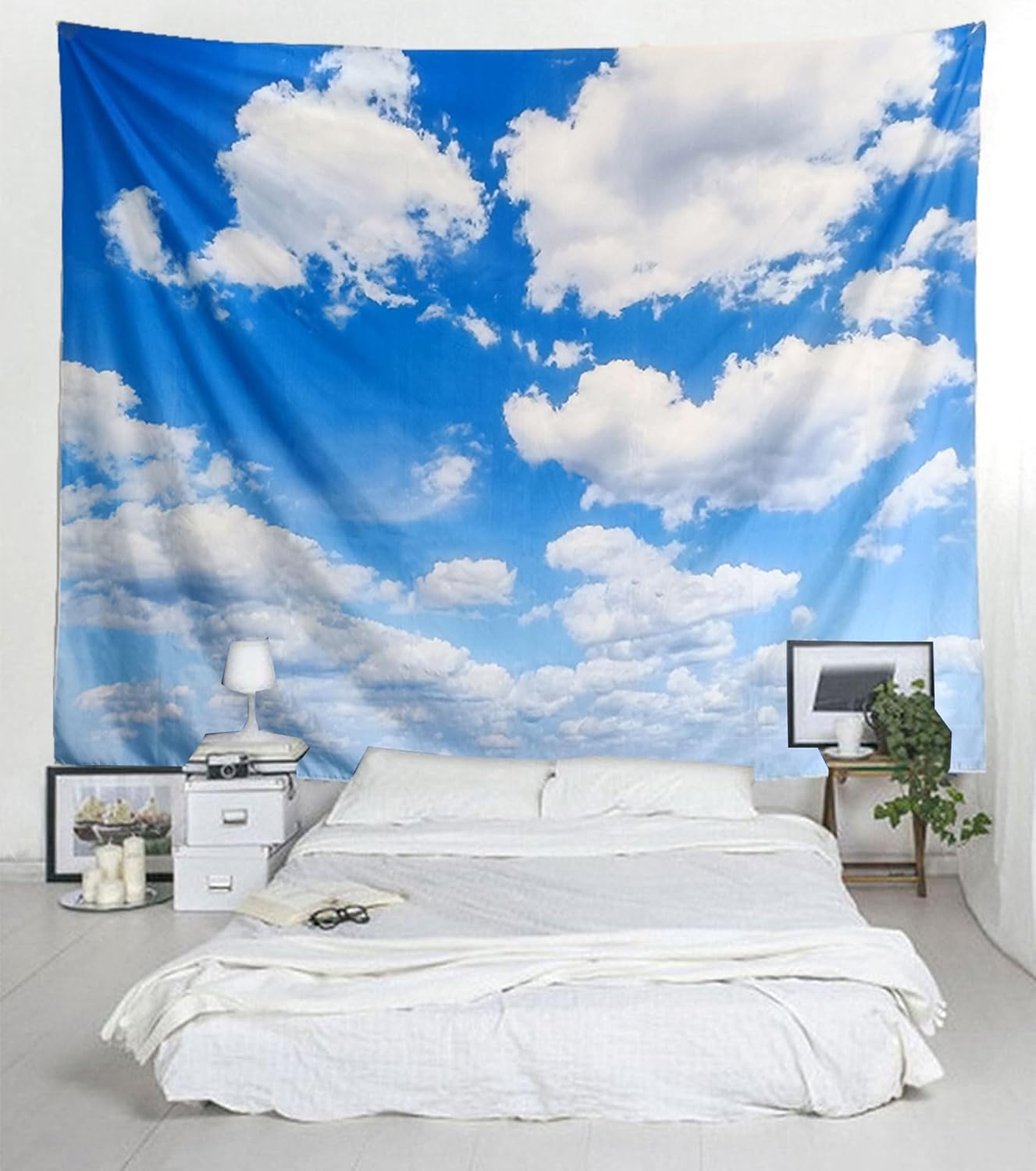 TUGCAY Blue Sky Tapestry White Cloud Tapestry Wall Hanging Ceiling Tapestries Clear Sunny Sky Clouds Backdrop Art Poster Wall Decor for Bedroom Living Room Dorm Kitchen Bathroom, 90x70 Inch