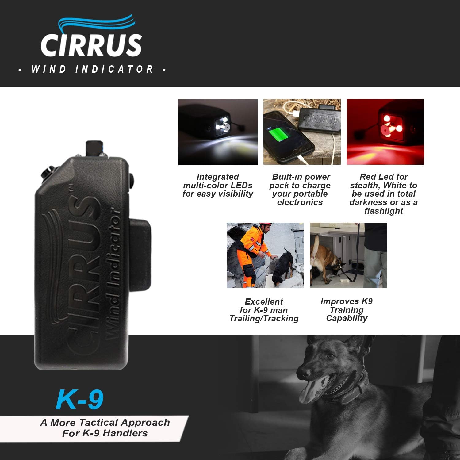 Cirrus Wind Indicator - K9 Dog Scent Training Smoke Indicator with LED Flashlight and Power Bank - Rechargeable Detector with Replacement Wind Direction Cartridges