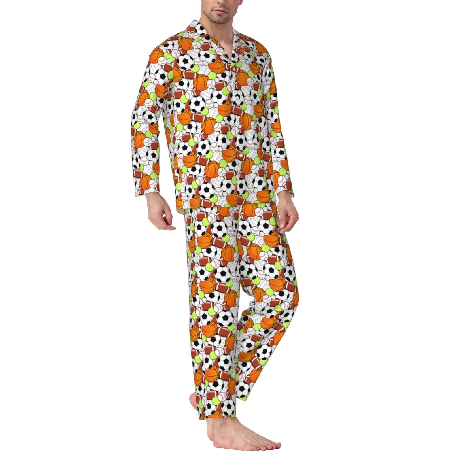 Conjunto de pijama de manga larga para hombre con estampado de pelota deportiva, ropa de dormir de dos piezas
