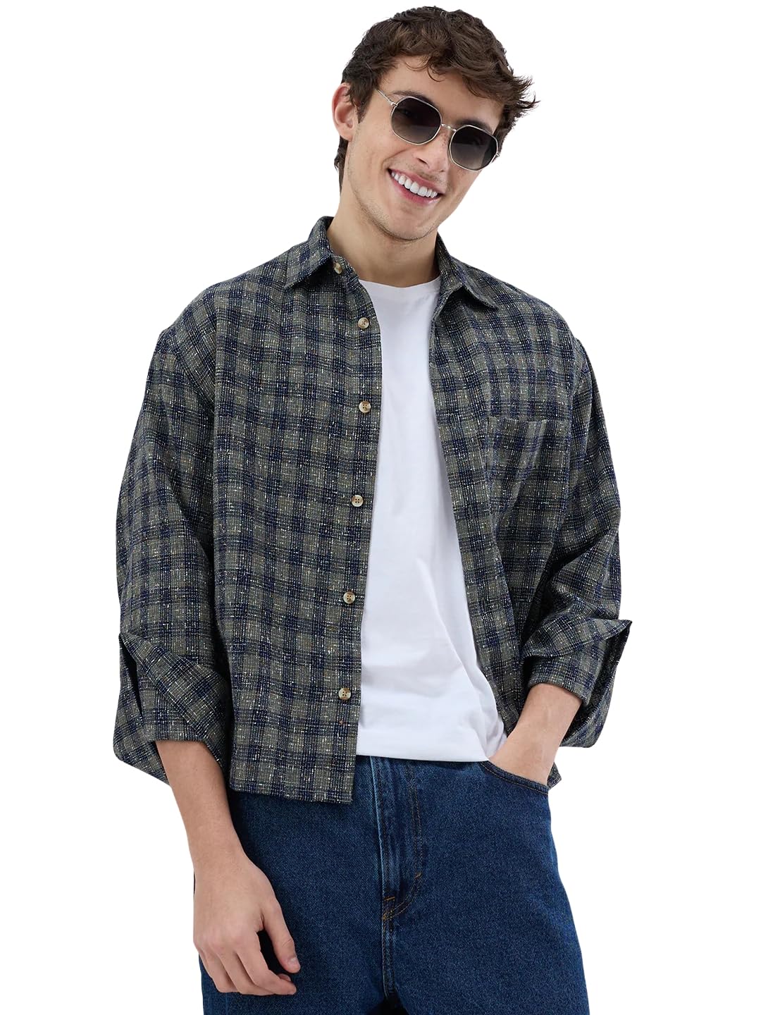 VASTRADO Riwaayat Glossy Olive Checked Oversized Crop Shirt-picture-10