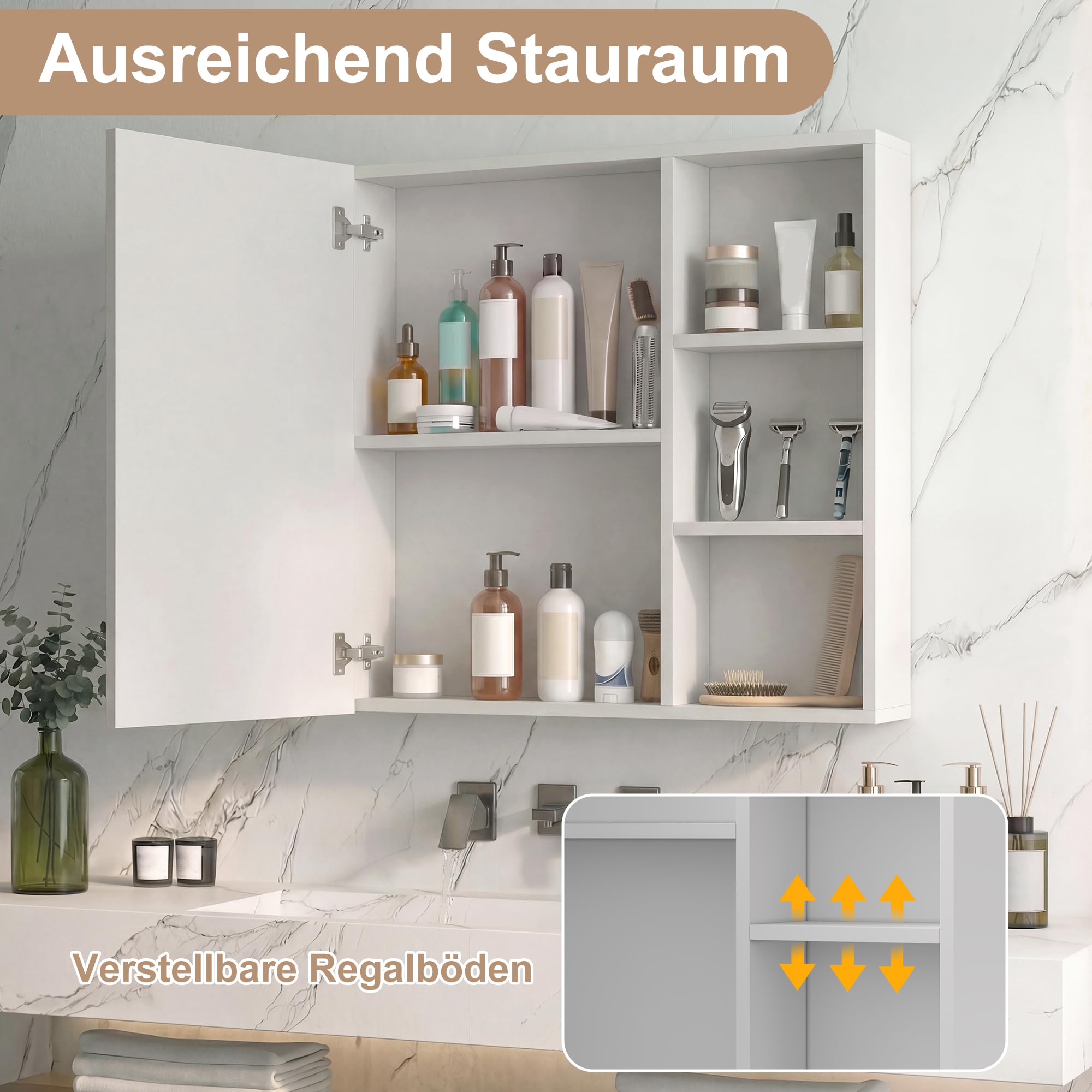 DULRLLY Spiegelschrank Bad mit Beleuchtung 60 cm, Badezimmerschrank mit Spiegel 3 Farbtemperaturen, Entfeuchtungsfunktion,Verstellbare Ablagefächern, Dimmbarer Badezimmer Hängeschrank, 60x60x15 cm