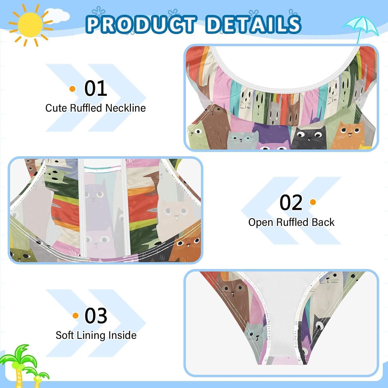 visesunny Girls One Piece Swimsuits Ruffle Swimwear Colorful Ugly Cat Bathing Suits for Girls 3-6Y