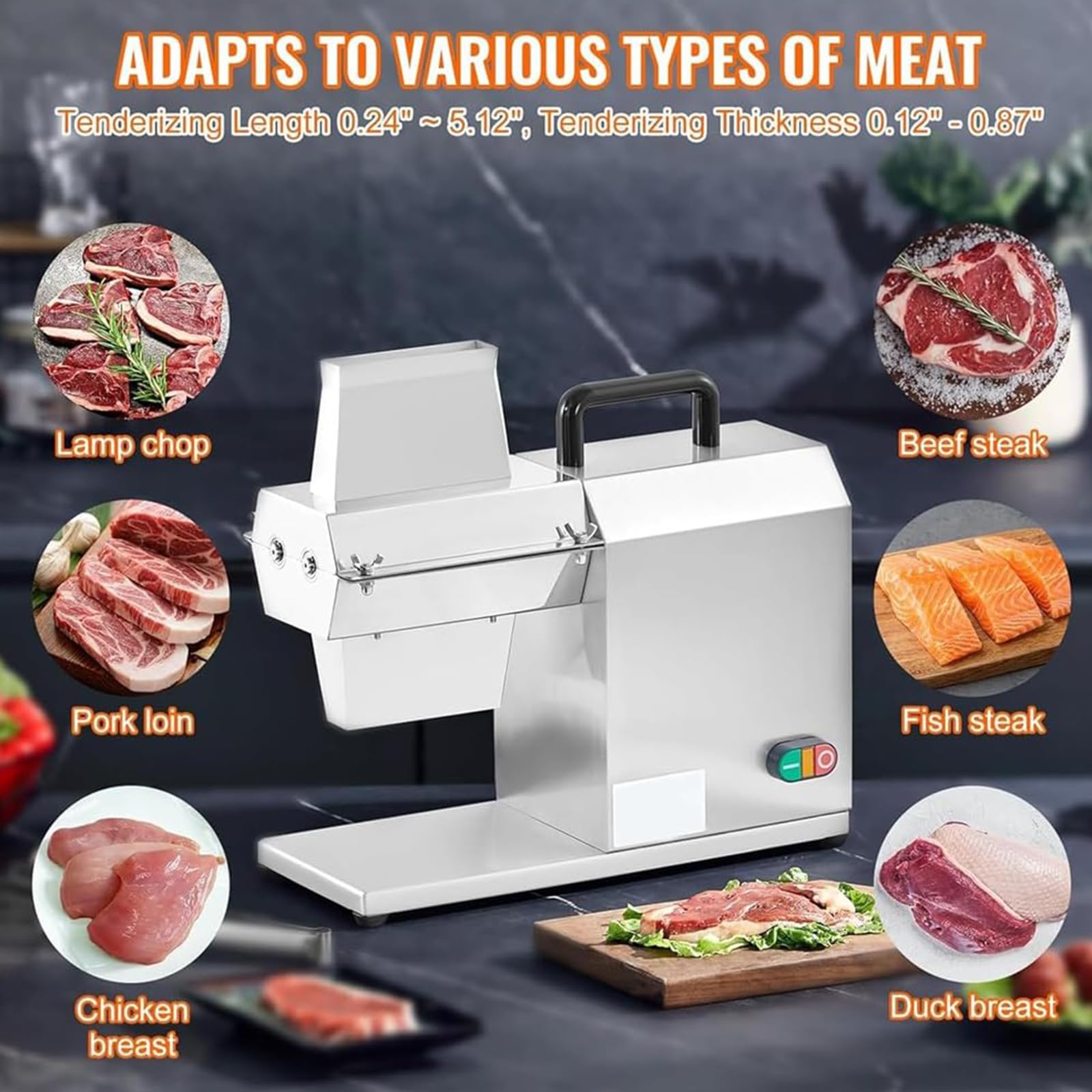 Inteneritore di Carne Elettrico 450W, Cubettatrice Automatica 120 kg/h con Lame in Acciaio Inox, Spessore Regolabile 3–22 mm, Macchina Professionale per Bistecca E Maiale