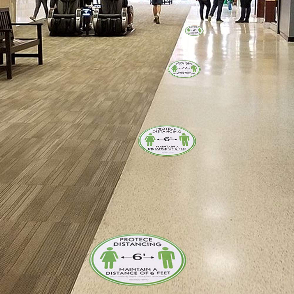 Distancing Floor Sticker, 5PCS Social Distancing Ground Sticker, Distance Marker Floor Signs Decal Easy to Clean Adhesive for School Market Public Area Business(Green)