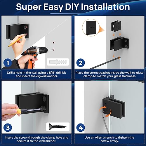 Miniatura 6 de LukLoy Paquete de 4 abrazaderas de pared a vidrio, abrazadera de barandilla de vidrio de acero inoxidable 304 negro mate para paneles de 516 a 12