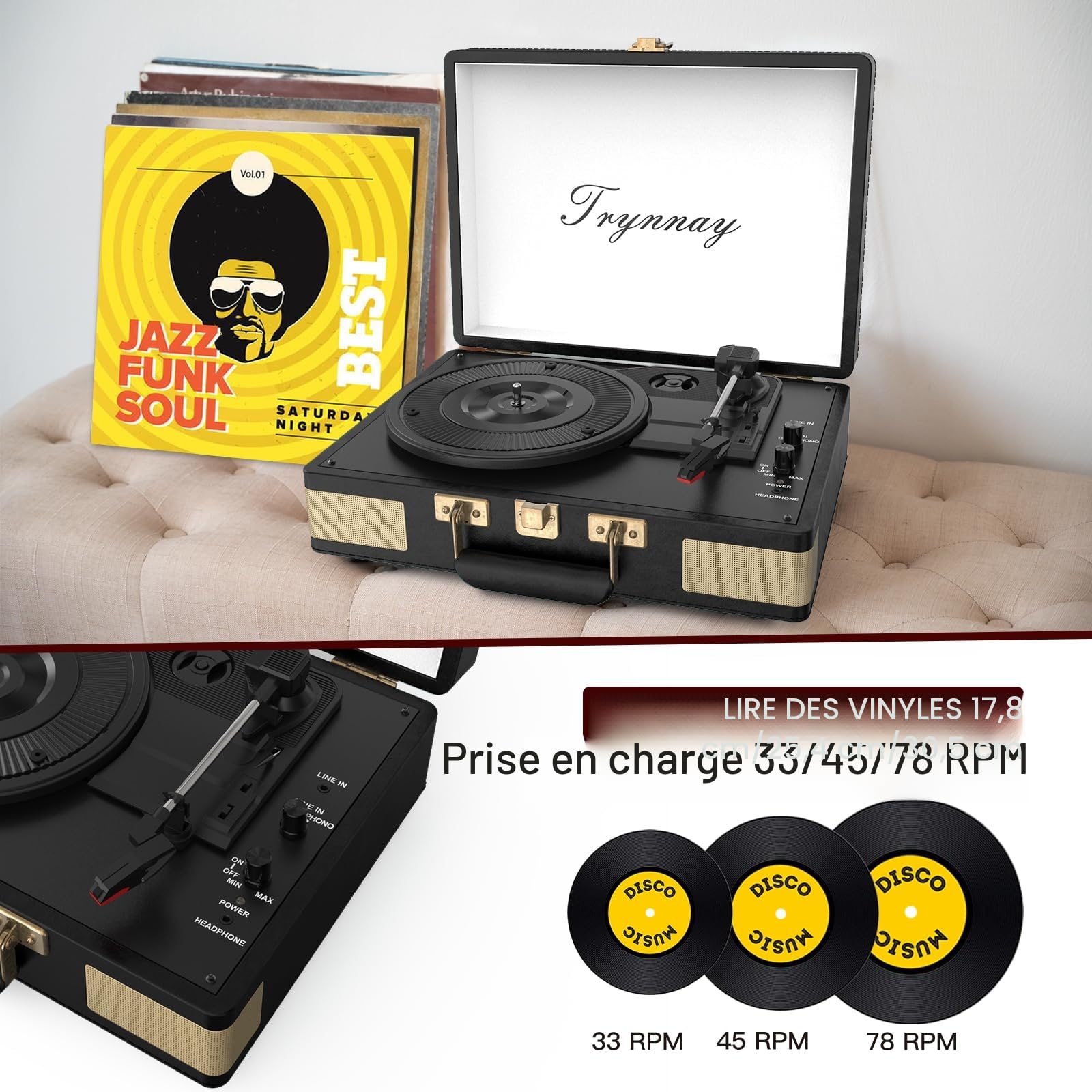 Trynnay Tourne-disque 3 vitesses Bluetooth portable Valise lecteur vinyle avec haut-parleurs intégrés Tourne-disque Son audio amélioré Cuir PU Vintage Noir
