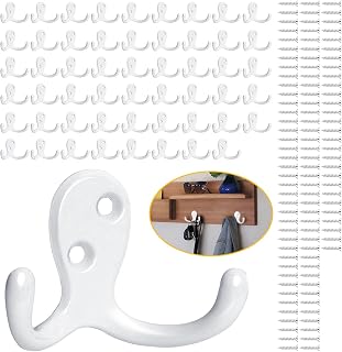 Homanu 54 Pack Coat Hooks, Heavy Duty Double Prong Coat Hooks Wall Mounted with 108 Screws, No Rust White Metal Wall Hooks for Hanging Towel, Coat, Bag, Hat, Cup, Key