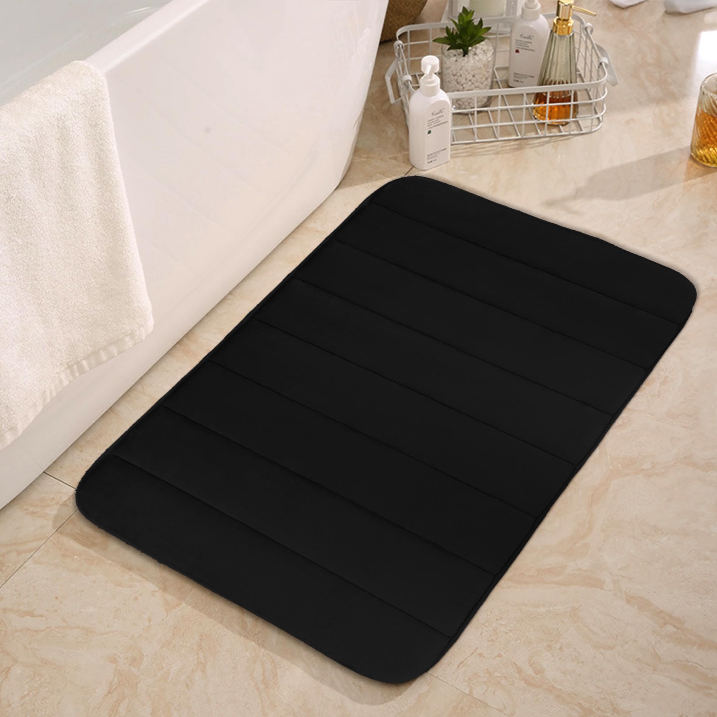 Style Spot Luxurious Velvet Line Foam Bath Mat: Extra Large Size, Non-Slip, and Highly Water Absorbent Bathtub Floor Mat | Pedestal Bath & Toilet Mat (Bath Mat, 50x80 cm, Black)
