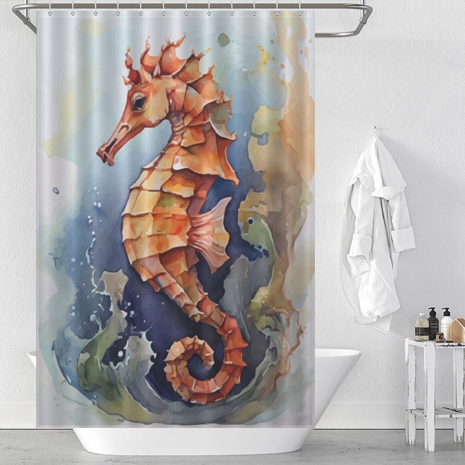 Rideau de douche hippocampe aquarelle polyester épais imperméable 119x180cm