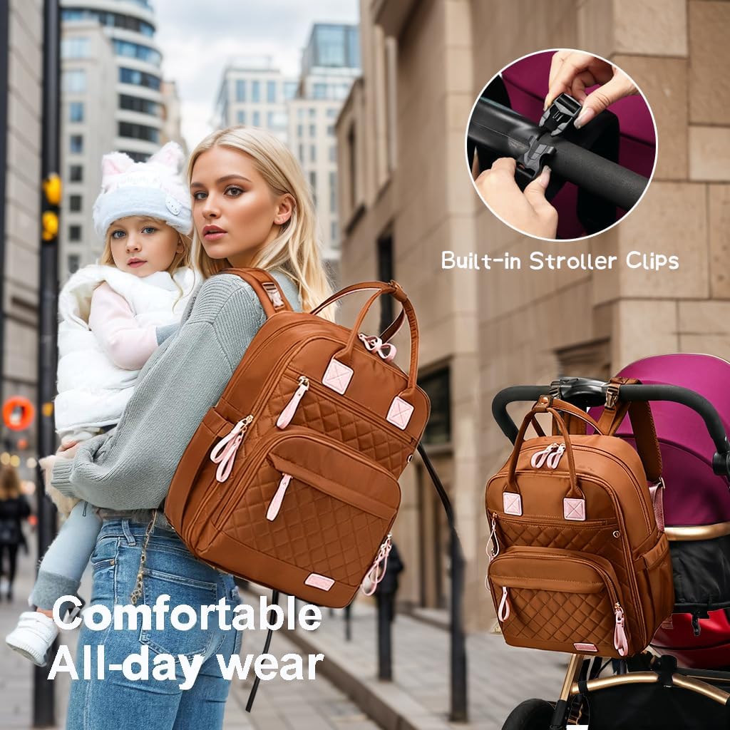 18 Pockets Large Diaper Bag Backpack with 4 Insulated Pockets and Stroller Clips, Baby Shower Essentials (Brown, Large)
