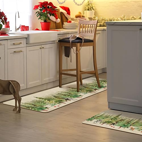 Miniatura 6 de Juego de 2 alfombras y tapetes de cocina de Feliz Navidad, zorro de los pinos, bosque nevado, ciervos, copos de nieve, vacaciones de invierno