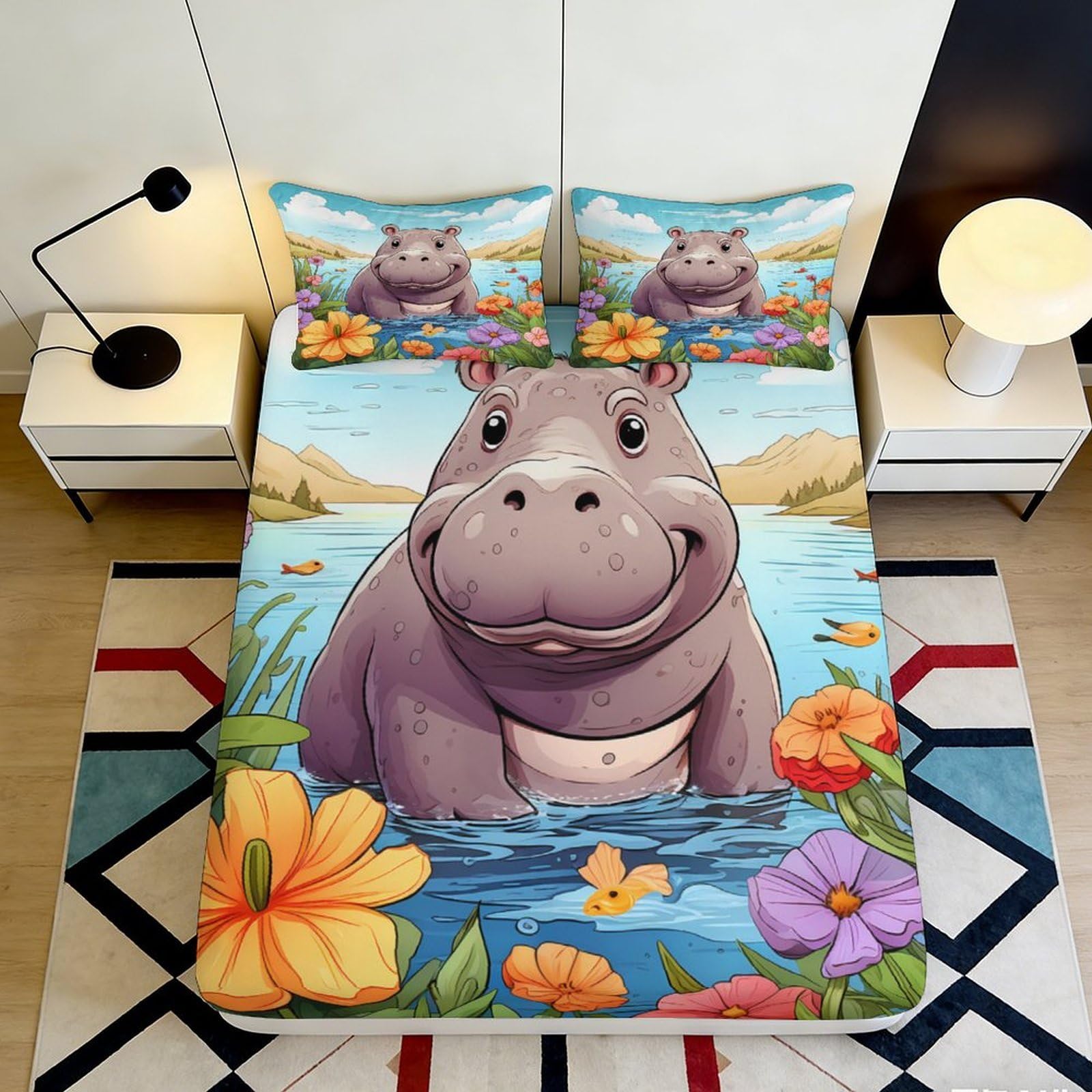 3D Printed Cute Hippo Fitted Sheet Microfiber Soft Watercolor Flower Mattress Cover for Bedroom Dorm Mattress Decor 120x200cm 120x200x25cm