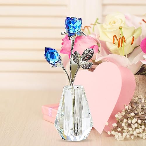 Miniatura 2 de H&D HYALINE & DORA Estatuilla de cristal de cristal con tallo de metal plateado y rosas de cristales azules, regalo de boda para mujer, decoración