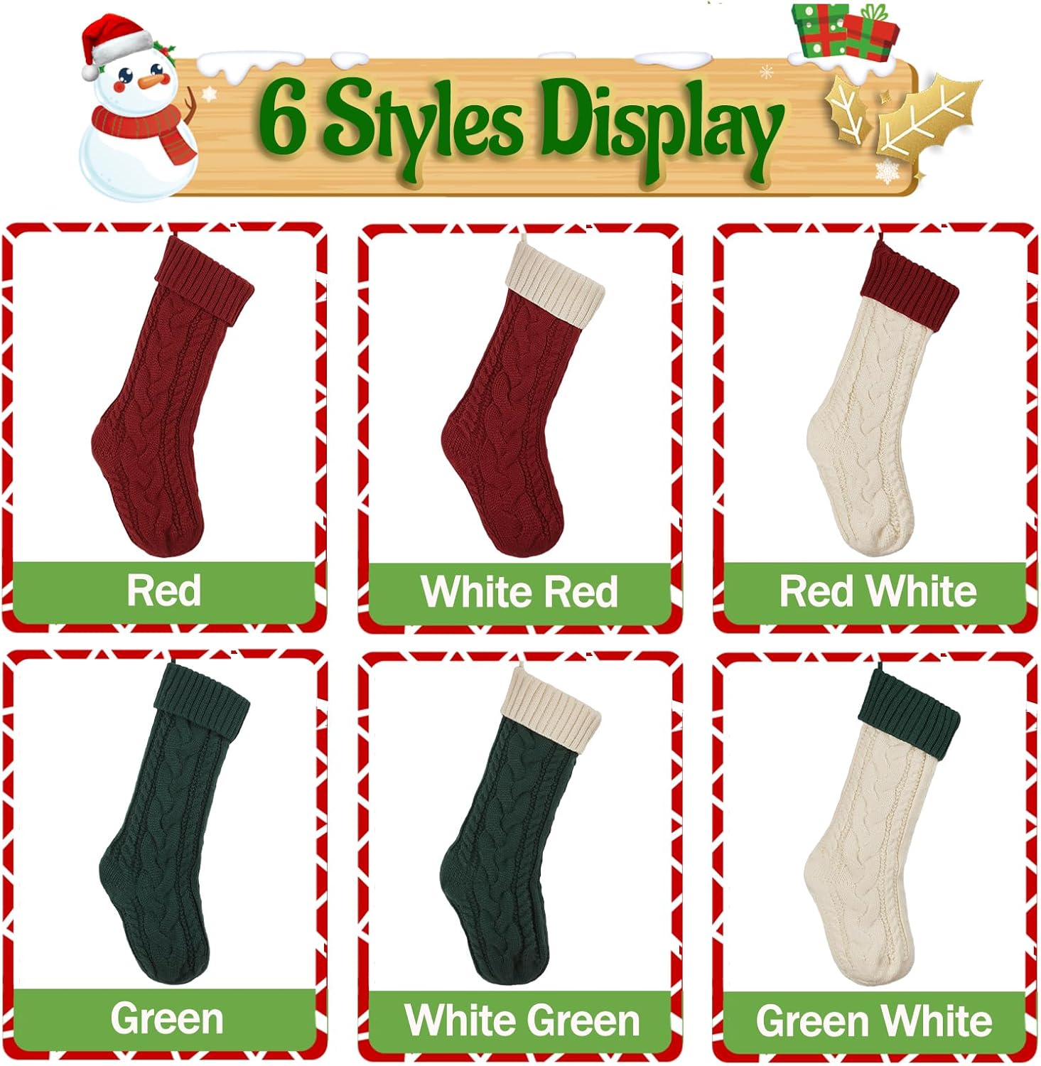 Knitted Christmas Stockings 6 Pack 18 Inches Large Christmas Stocking, Cable Knitted Xmas Stocking, Hanging Stocking Decorations for Holiday Christmas Party Family Decor (Red White Green) B4
