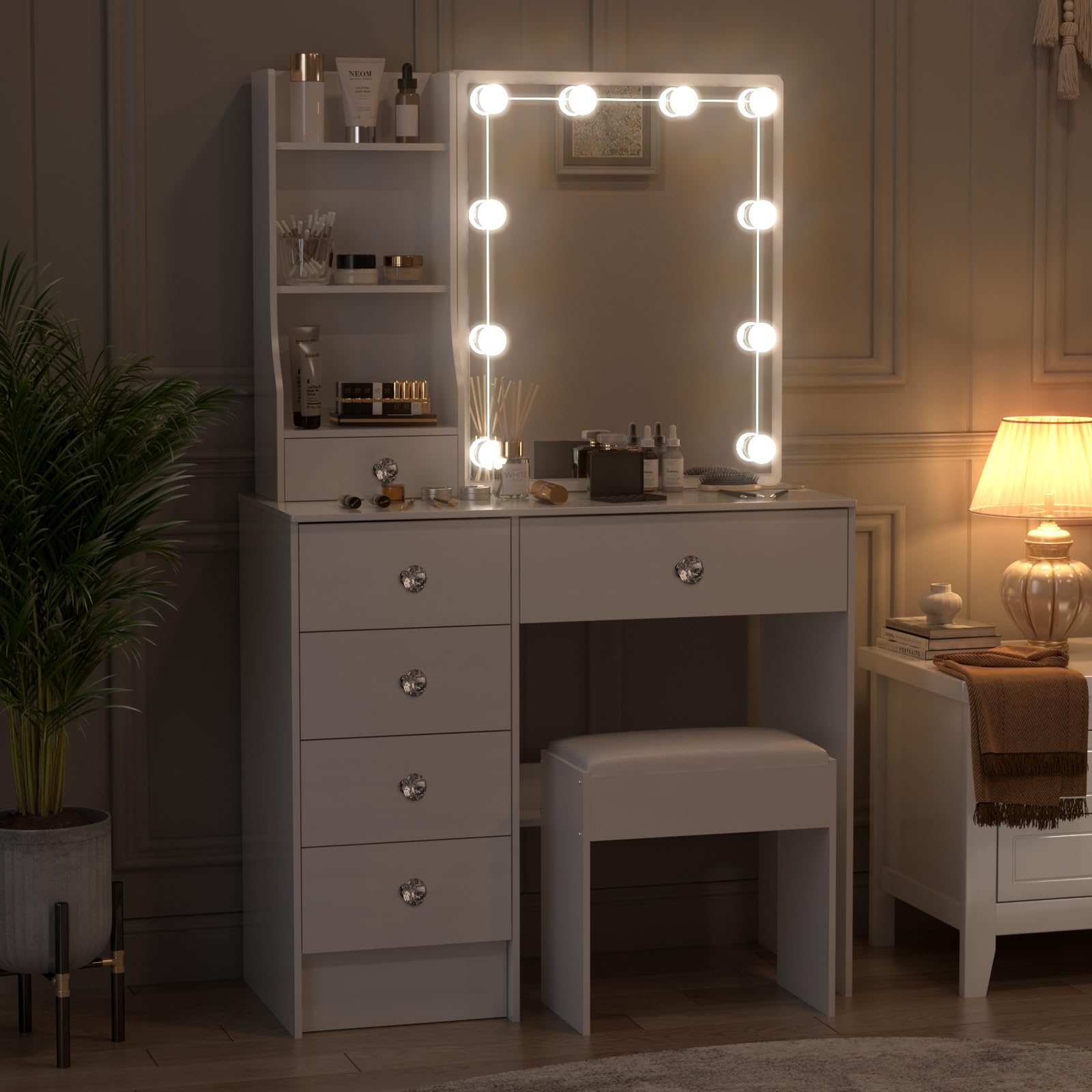 Toeletta Bianca con Luci e Sgabello, Tavolo Cosmetico con Specchio, Luci LED Regolabili, 6 Cassetti e 6 Ripiani - Mobile da Trucco per Camera da Letto, 80 x 36 x 130 cm