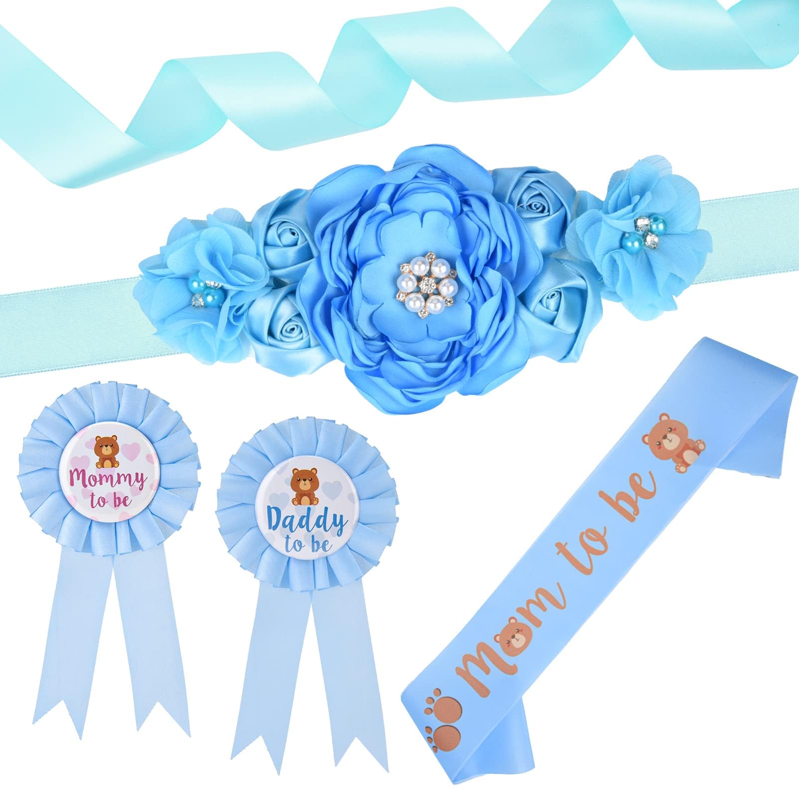 XINRUI Baby Shower Sash Kit Daddy to Be Corsage Pin Blue Maternity Sash Belt Band Teddy Bear Pregnancy Belt Sash for Gender Reveal Baby Shower Party Favors Photo Prop Decorations