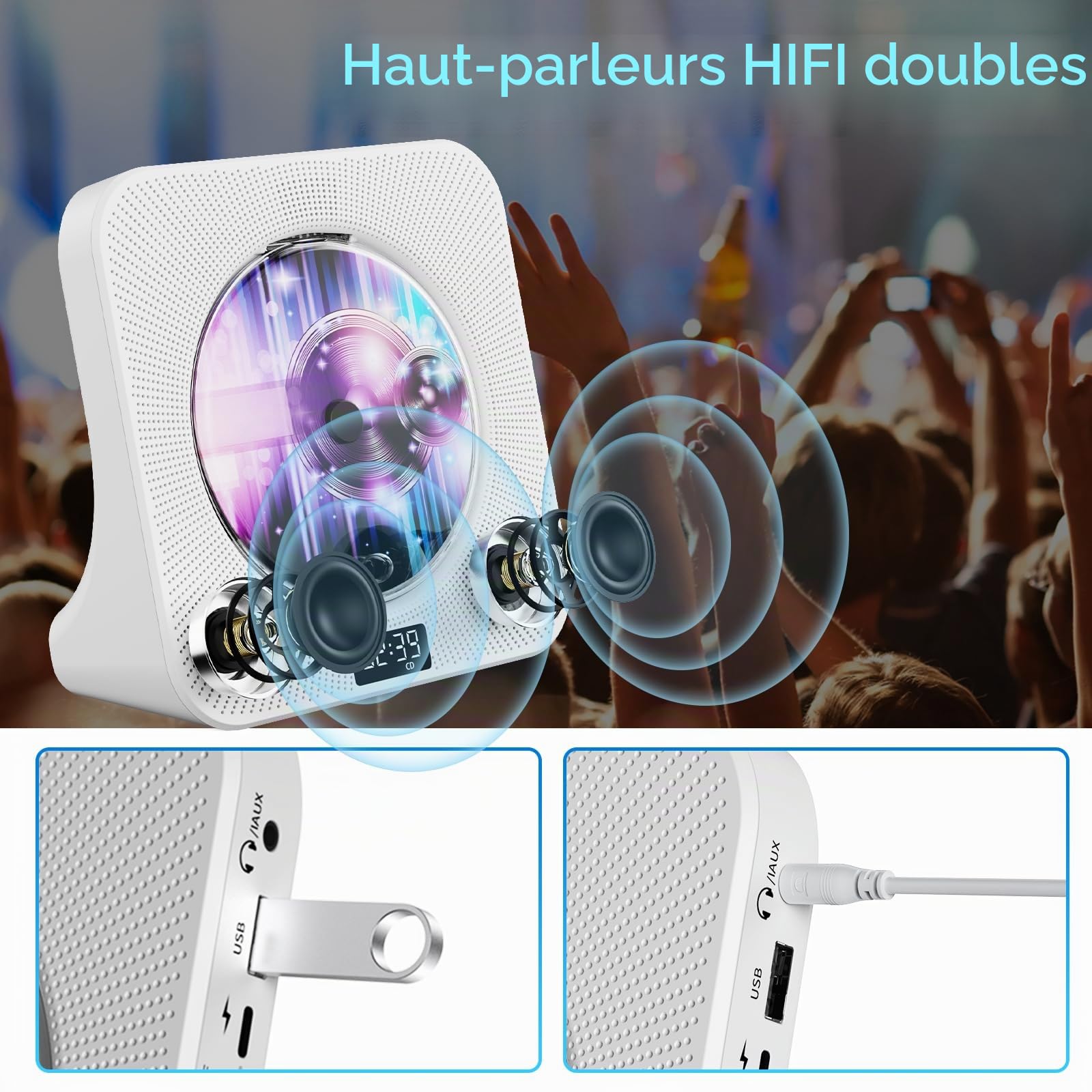 Gueray Lecteur CD Bluetooth portable HiFi avec haut-parleurs USB et prise casque, double haut-parleur multifonction pour la maison