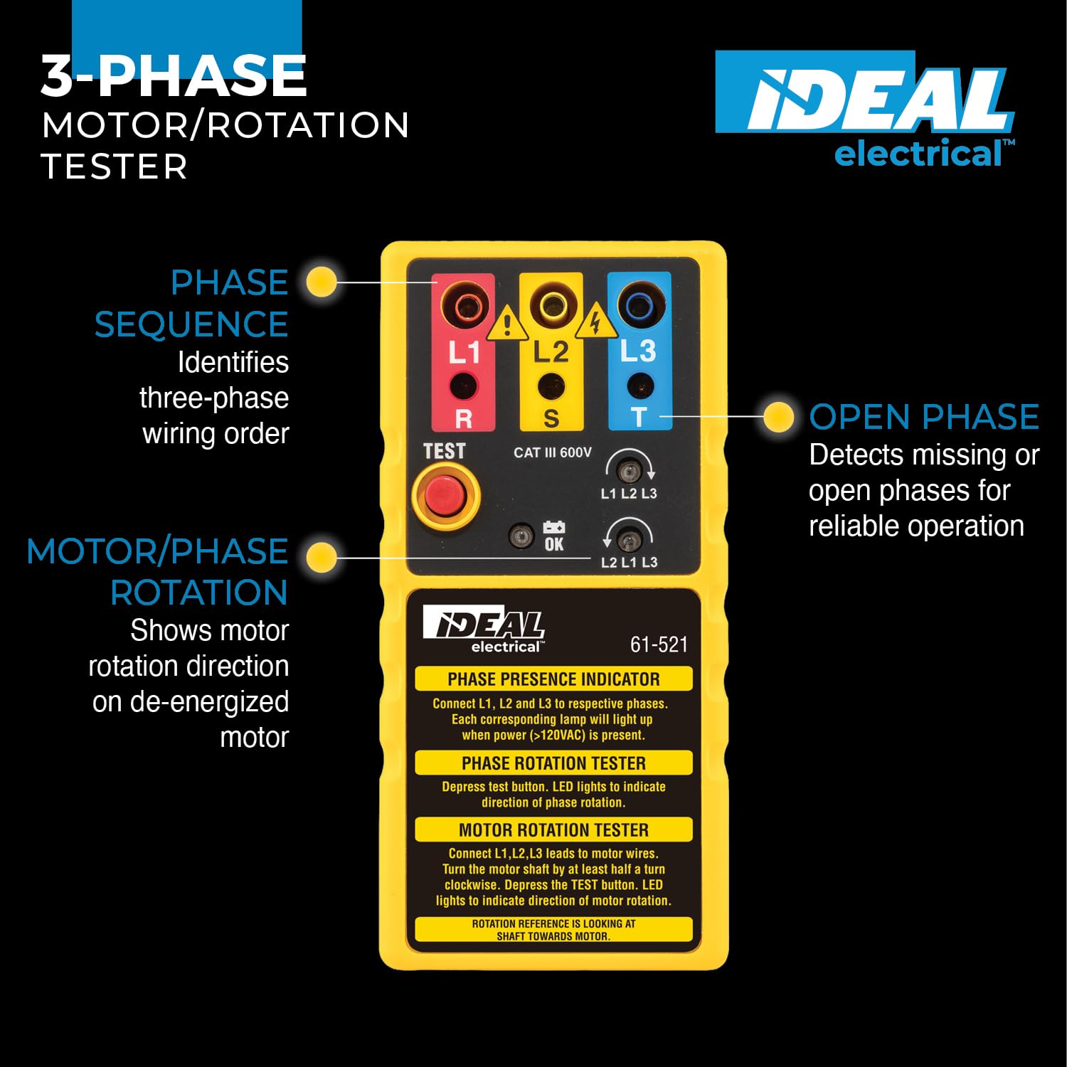 IDEAL INDUSTRIES INC. 61-521 Probador trifásico de rotación y rotación de fase, estuche de transporte y cables incluidos