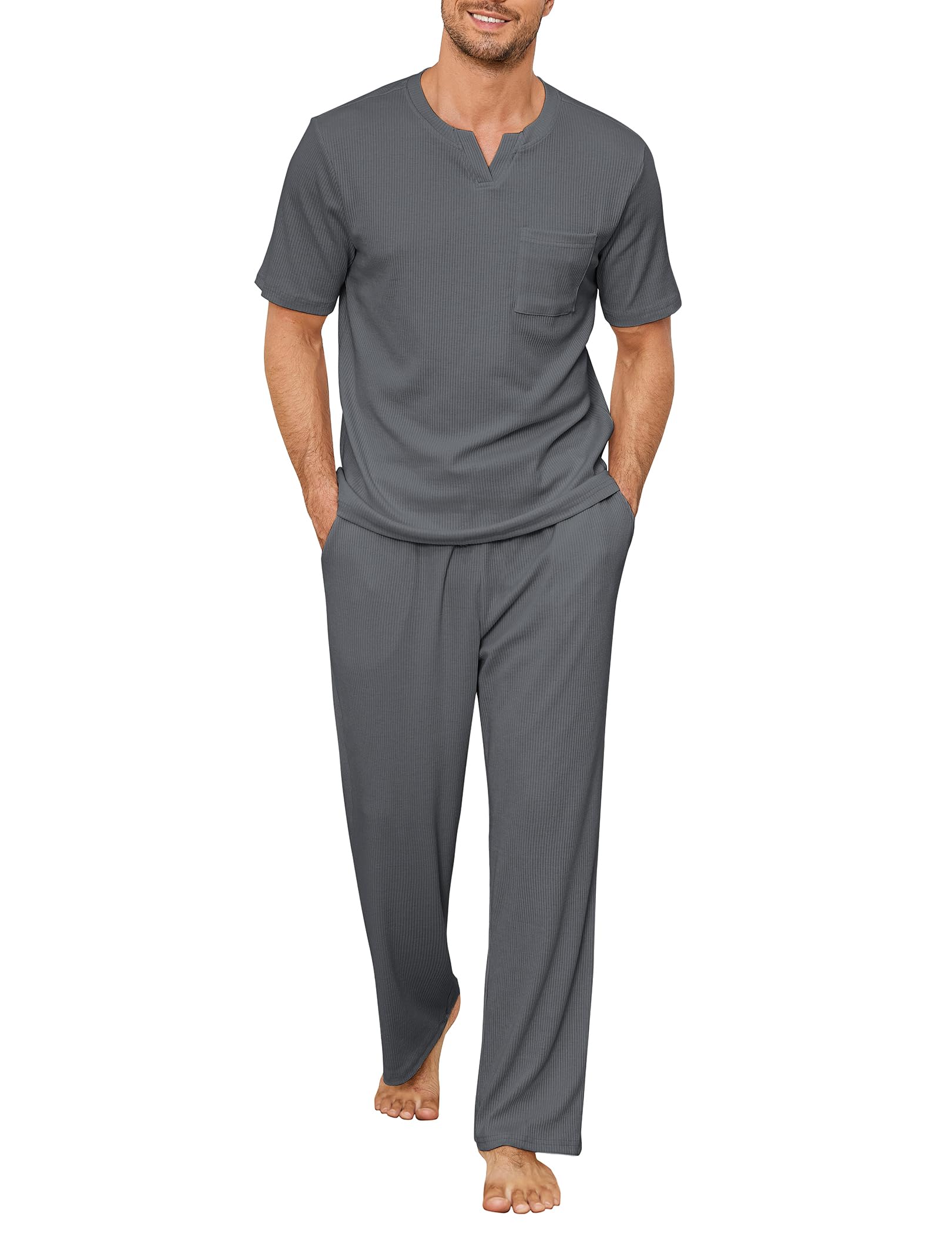 JiniGolla Mens Pajamas Set Soft Short Sleeve Top and Pant Loungewear Sets 2 Piece Pjs with Pockets