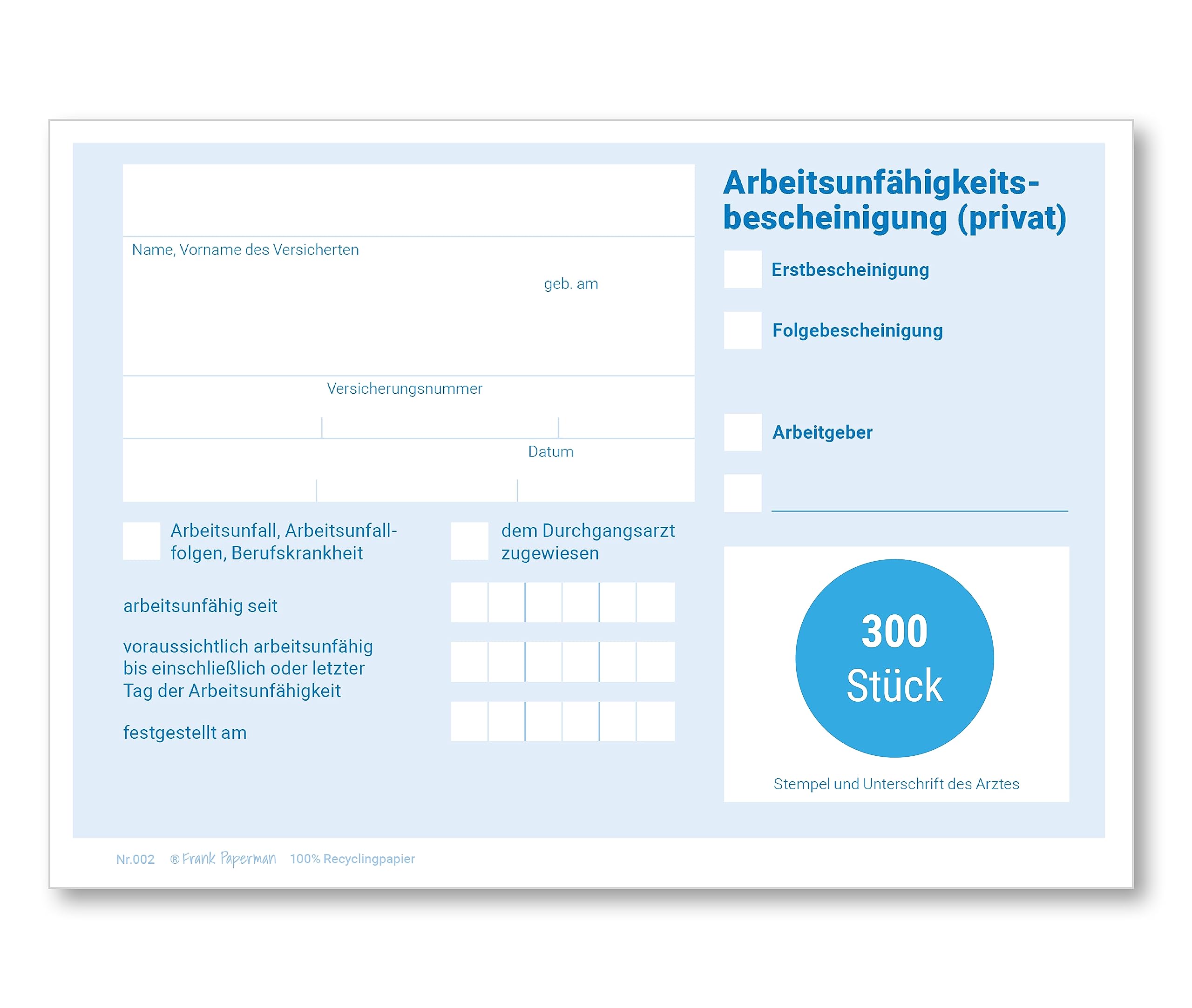 150x Blatt Attest block für Krankschreibungen | ungeblockt | Vordruck Arbeitsunfähigkeitsbescheinigung im DIN-A6-Format | Arzt Zubehör