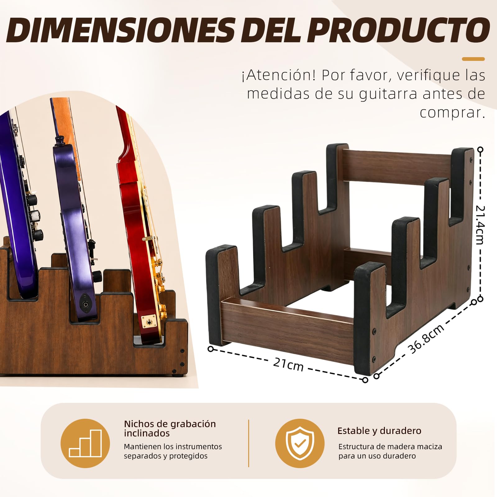 Soporte de guitarra de madera para 3 guitarras eléctricas y bajos | Madera maciza, niveles escalonados, acolchado, antideslizante, ahorra espacio, montaje fácil