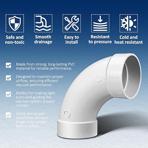 Miniatura 7 de Paquete de 2 aspiradoras centrales de repuesto de barrido de 90 grados que evita obstrucciones en el codo para tubos de vacío de 2 pulgadas