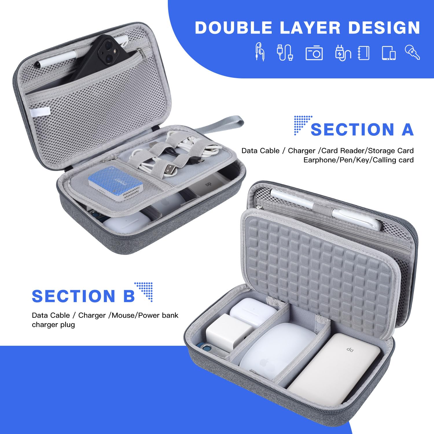Estuche organizador electrónico duro para MacBook, adaptador de corriente, cargadores, cables, banco de energía, Apple Mouse, Apple Pencil USB, disco flash, tarjeta SD, disco duro, resistente al agua