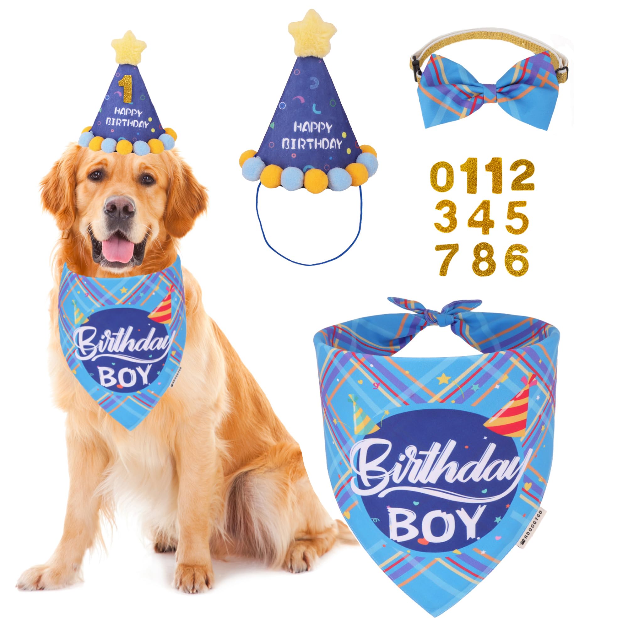 ADOGGYGO Dog Birthday Party Supplies, Blue Birthday Boy Bandana, Bowtie, Numbers, Party Hat for Extra Large Dogs (X-Large)